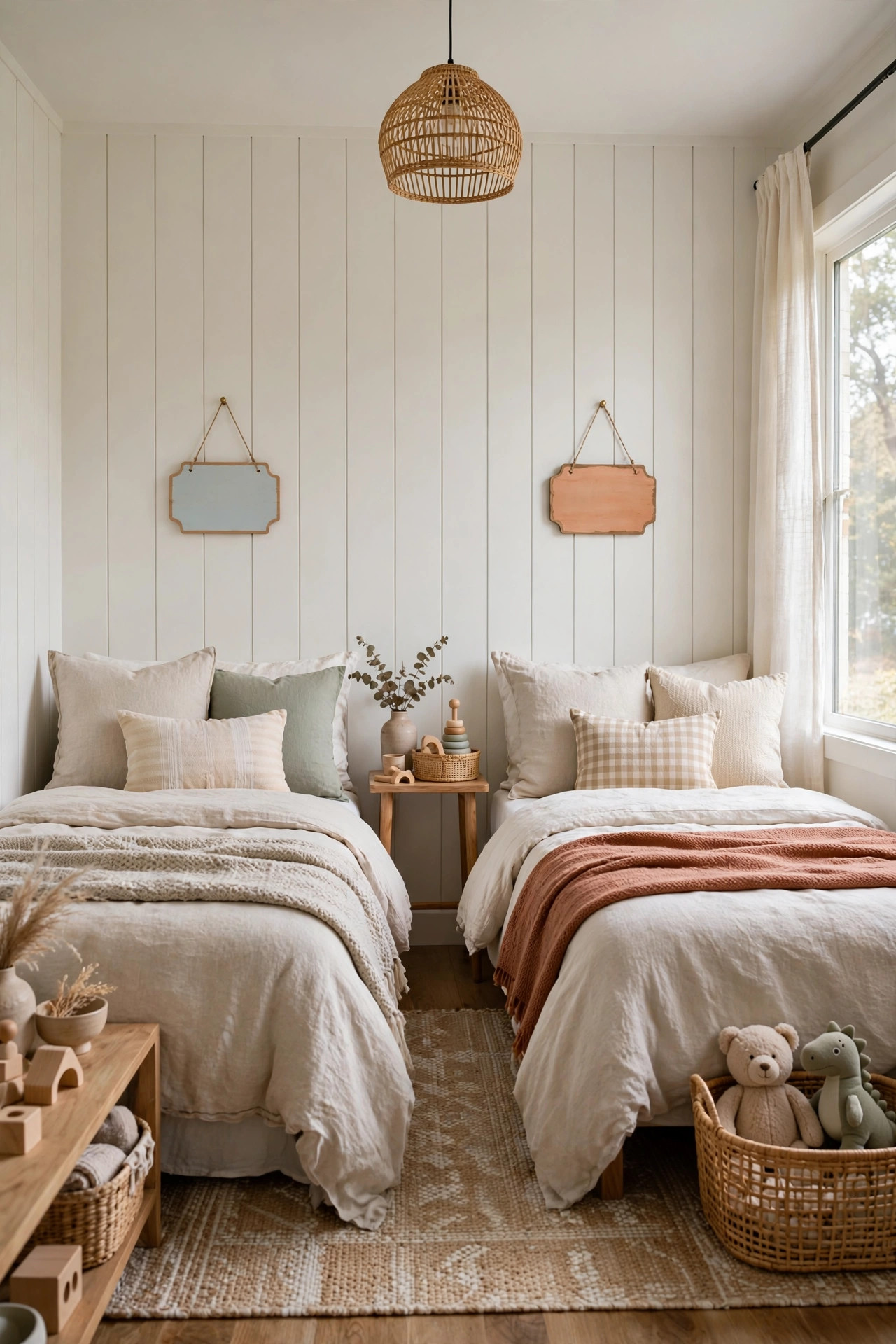 Wooden name signs hanging above two beds in a shared kids room.