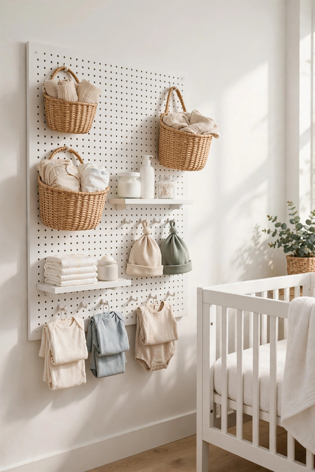 White pegboard wall with hanging baskets and shelves of baby supplies