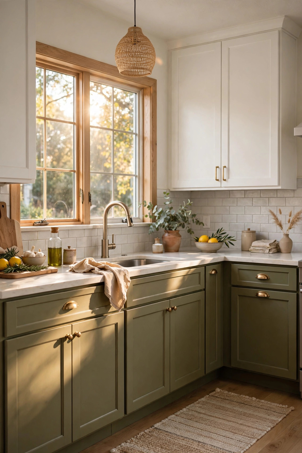 Kitchen with warm olive green lower cabinets and white upper cabinets in afternoon sun.