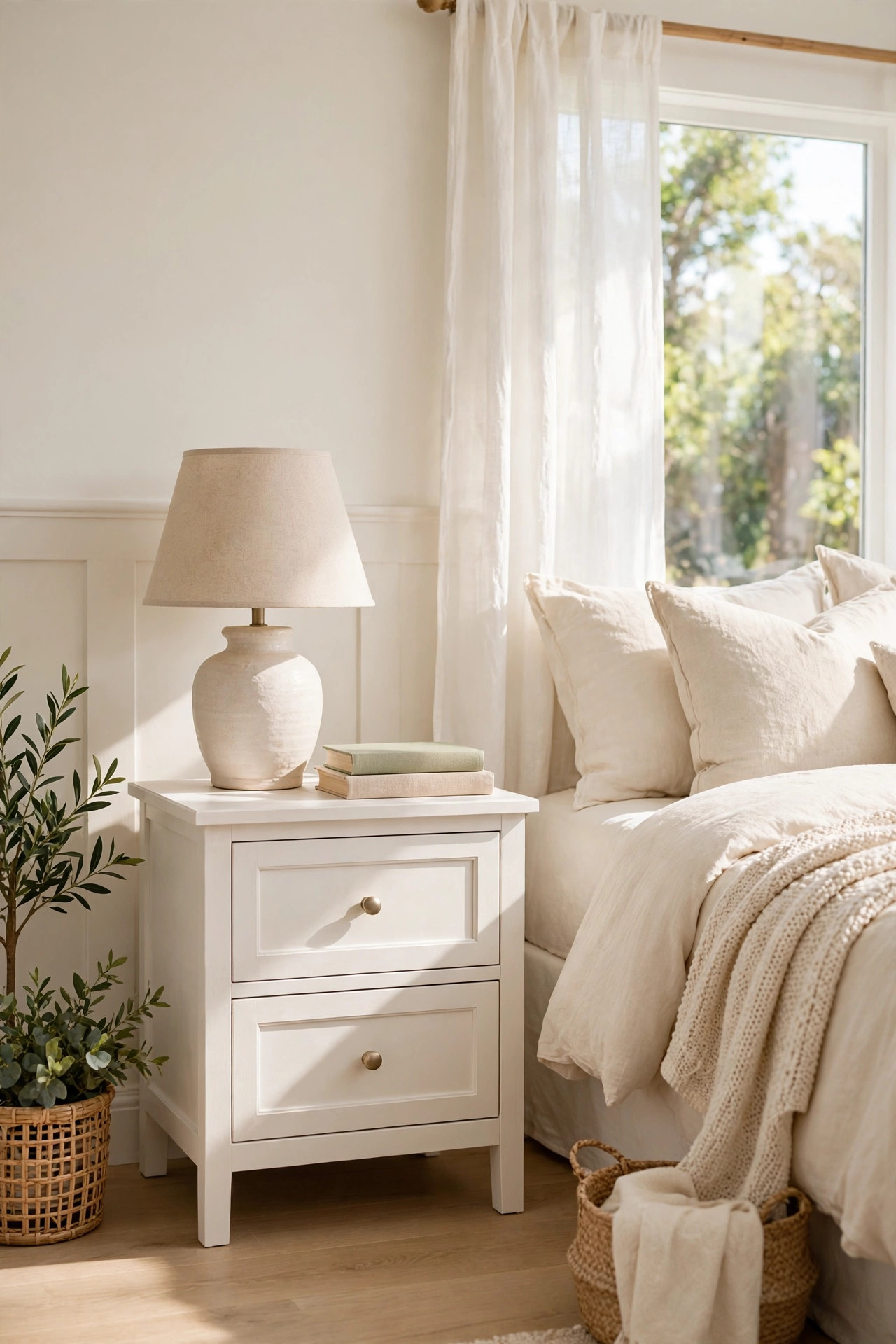 22 Decor Ideas Under $50 That Change Everything 12 Wooden nightstand painted warm white with a lamp and books