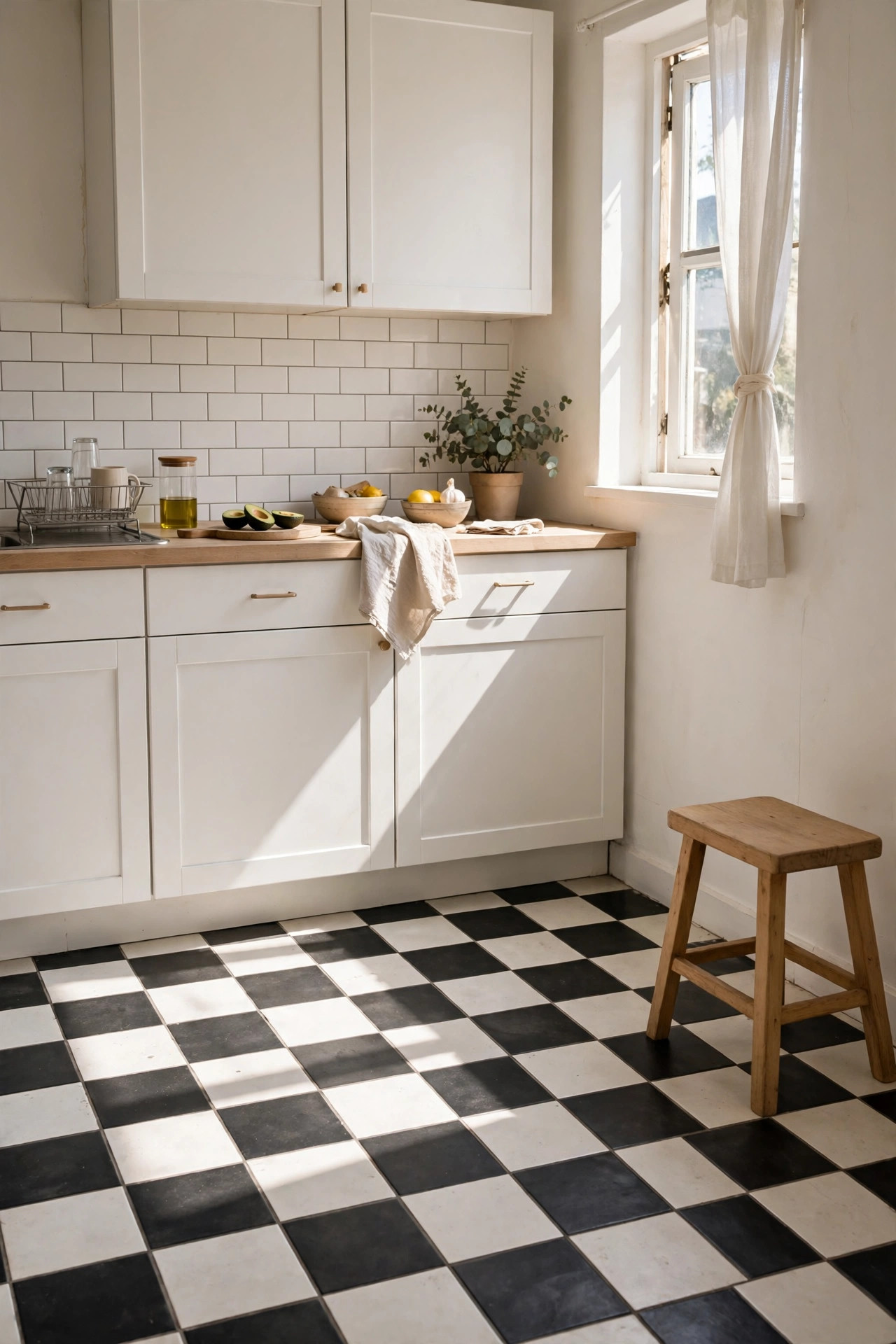 18 Renter-Friendly Kitchen Upgrades That Need Zero Permission 12 Black and white checkerboard peel and stick tiles on a rental kitchen floor