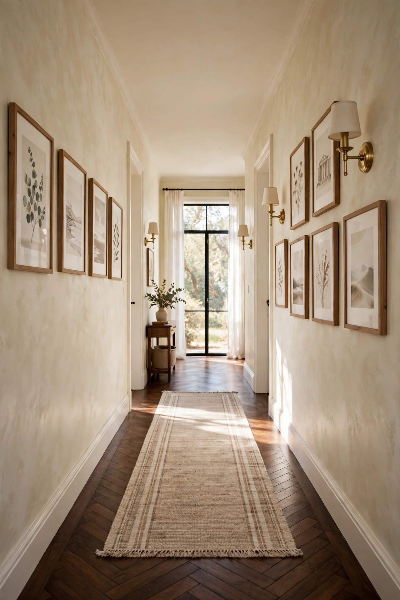 15 Warm White Paint Colors That Work in Every Room 12 Hallway with warm white walls, dark wood floors, brass sconces, and a runner rug