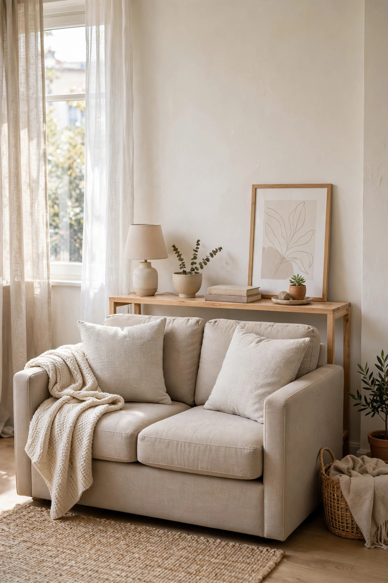 Slim wooden console table behind a beige loveseat styled with a small lamp and a framed print