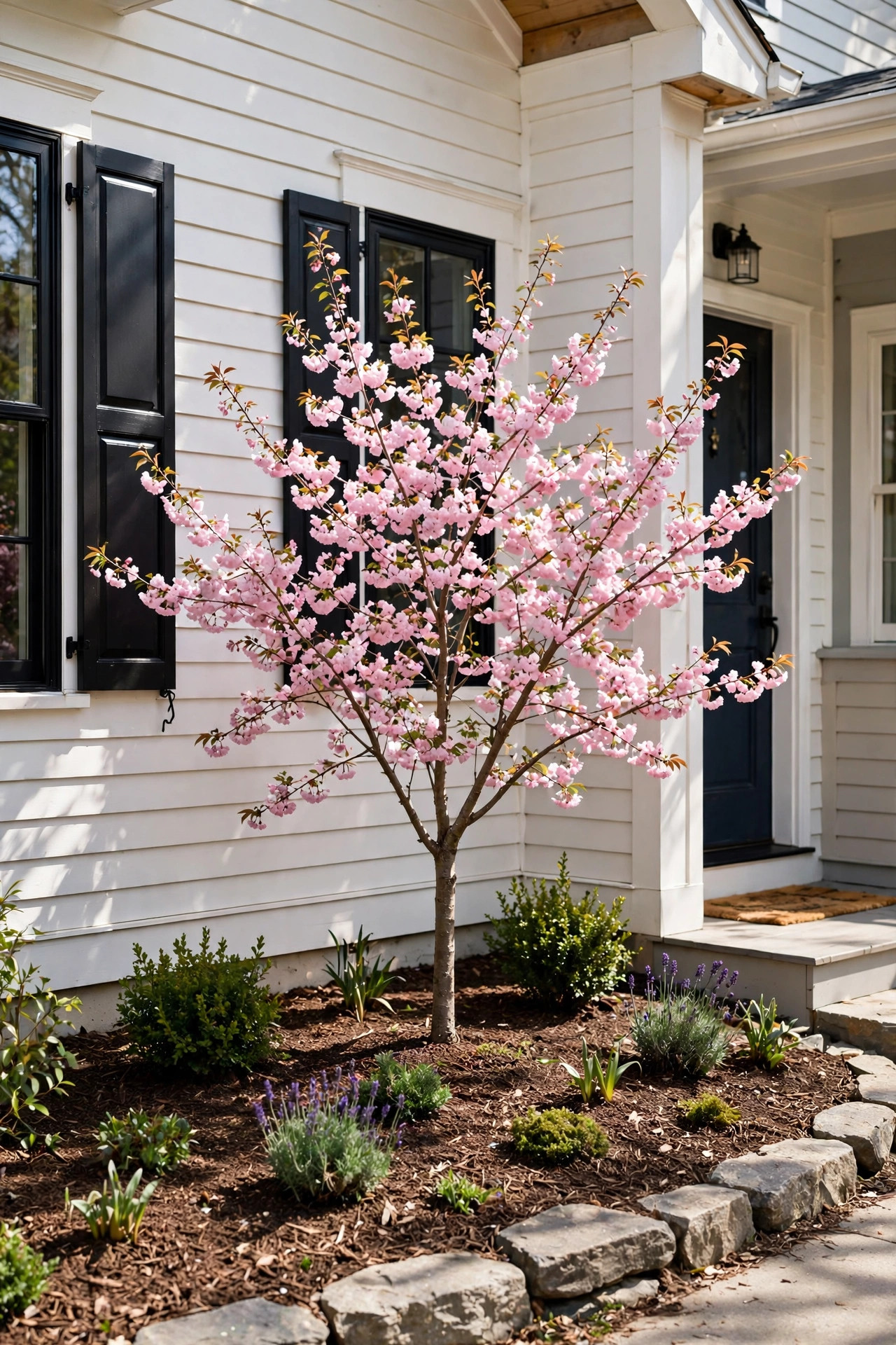 Small Front Yard Landscaping Ideas With Big Impact 12 Small ornamental tree with blossoms as a focal point in a mulched bed.