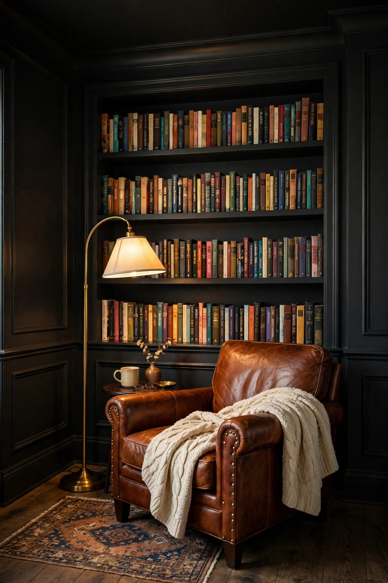 Soft black reading nook with painted walls and bookshelf