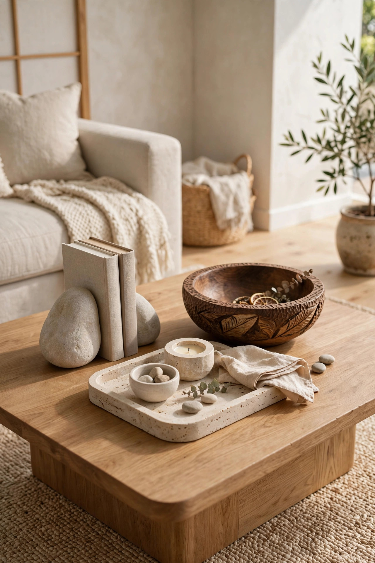 Coffee table styled with stone and wood accents, river stone bookend and carved wooden bowl