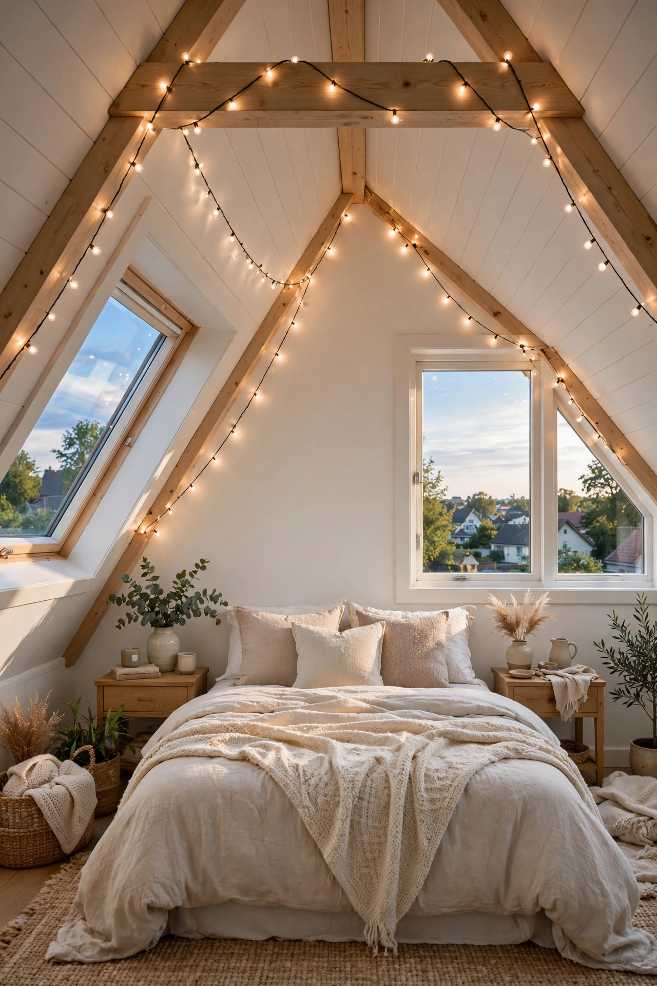 Warm string lights draped along the ridge beam of a sloped attic ceiling at dusk.