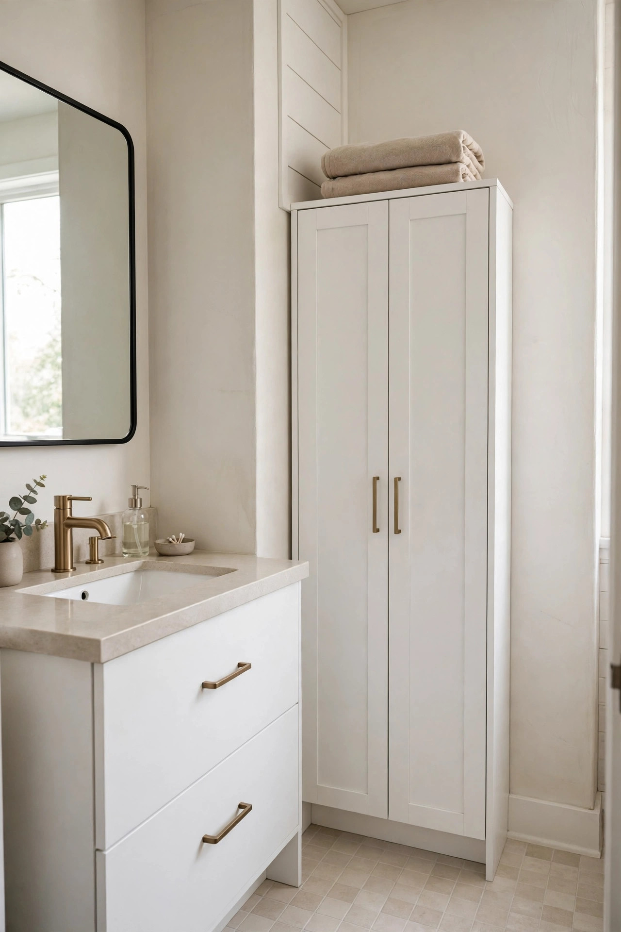 Tall narrow white storage cabinet tucked beside a small bathroom vanity.