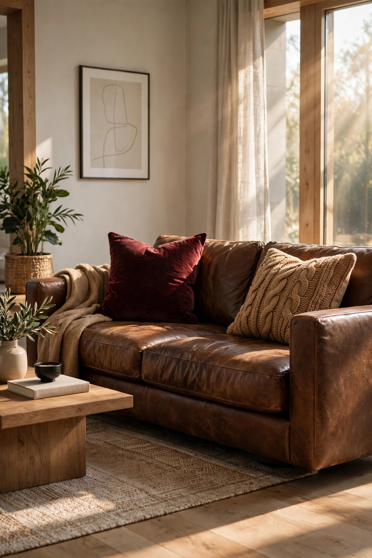 Beige sofa with light wood frame styled with teal velvet pillows and a stone gray knit pillow