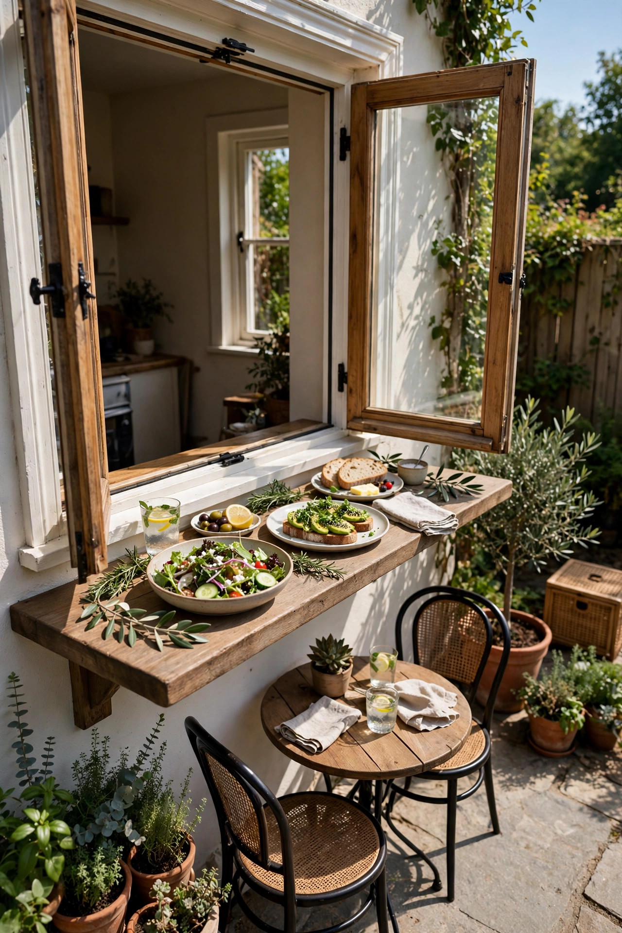 17 Outdoor Dining Ideas for Small Patios 12 Kitchen window opening onto a small patio with a wooden serving ledge holding plates of food and a bowl of salad
