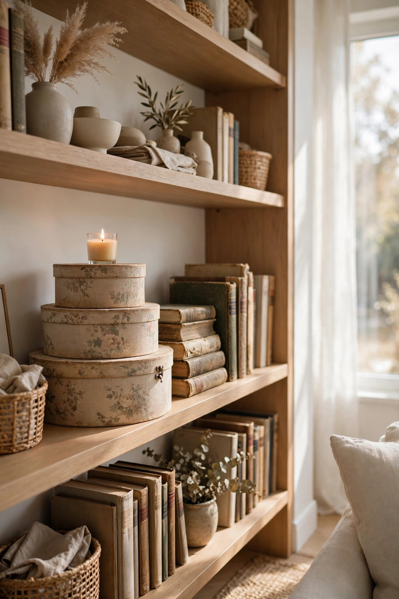 Stacked vintage hat boxes in faded floral patterns on a bookshelf topped with a candle
