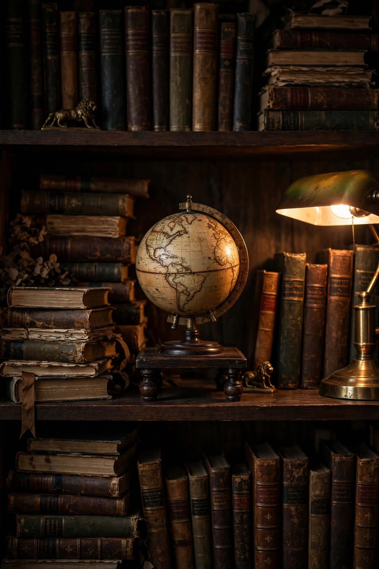 21 Dark Academia Room Decor Ideas That Feel Like an Old Library 12 Small vintage globe on a dark wooden stand atop a bookshelf
