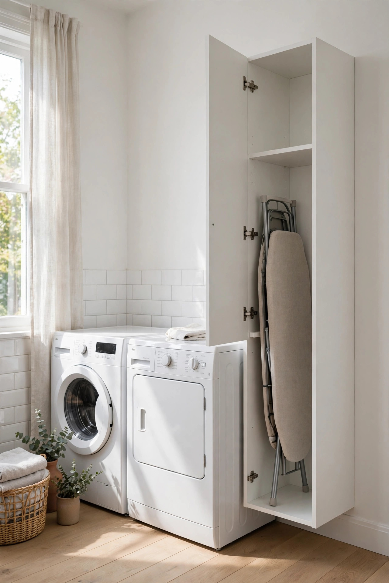 Slim white wall-mounted cabinet with a fold-down ironing board stored inside.