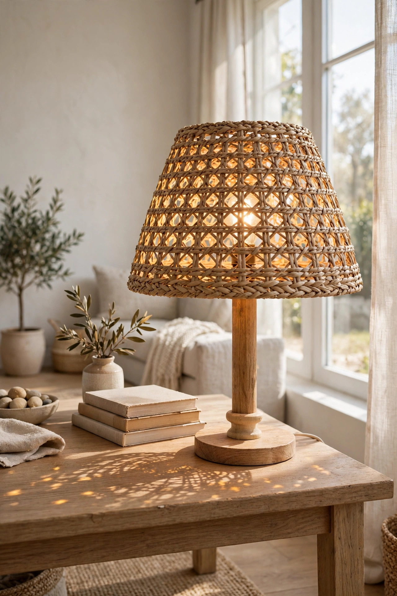 Table lamp with a woven basket shade glowing through the weave