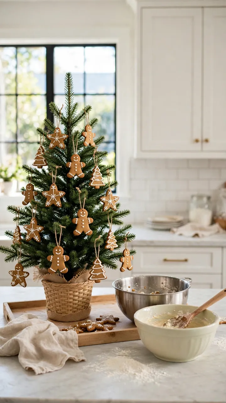 A small Christmas tree on a kitchen island holding only gingerbread cookie ornaments, with mixing bowls beside it.
