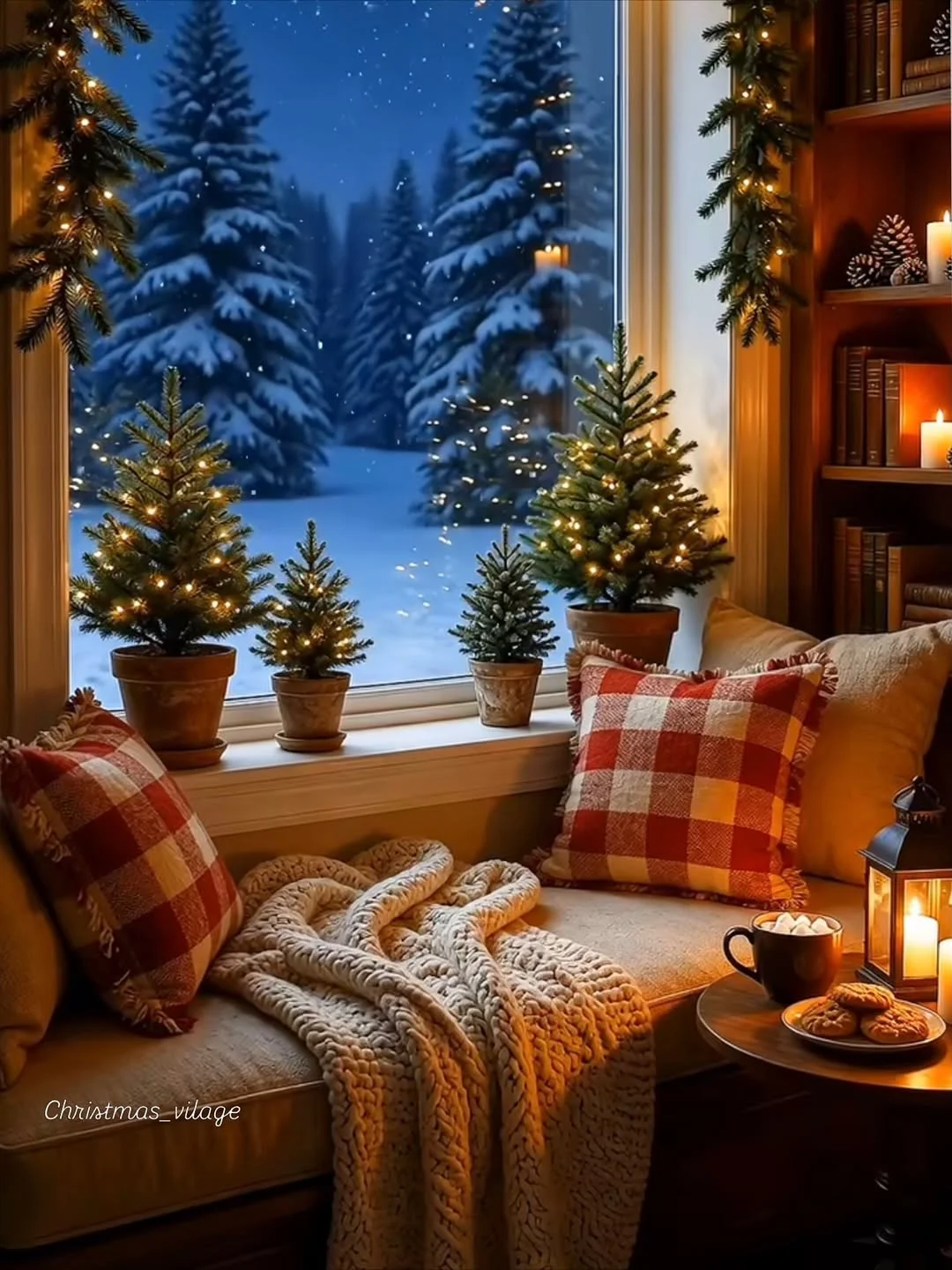 A cushioned window seat with small trees, beside a snowy night window