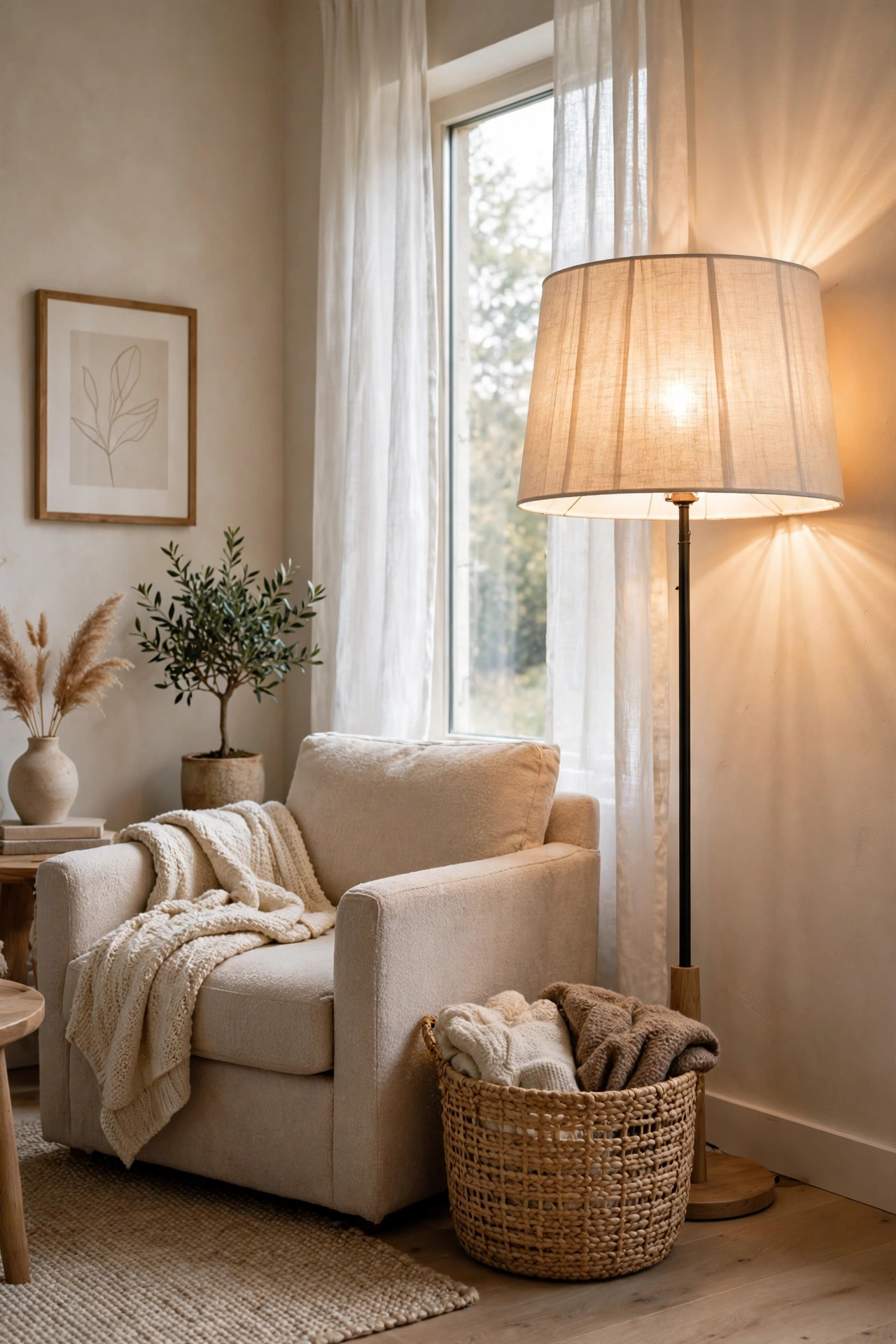A floor lamp with an oversized white linen drum shade spreading warm light beside a cozy armchair.