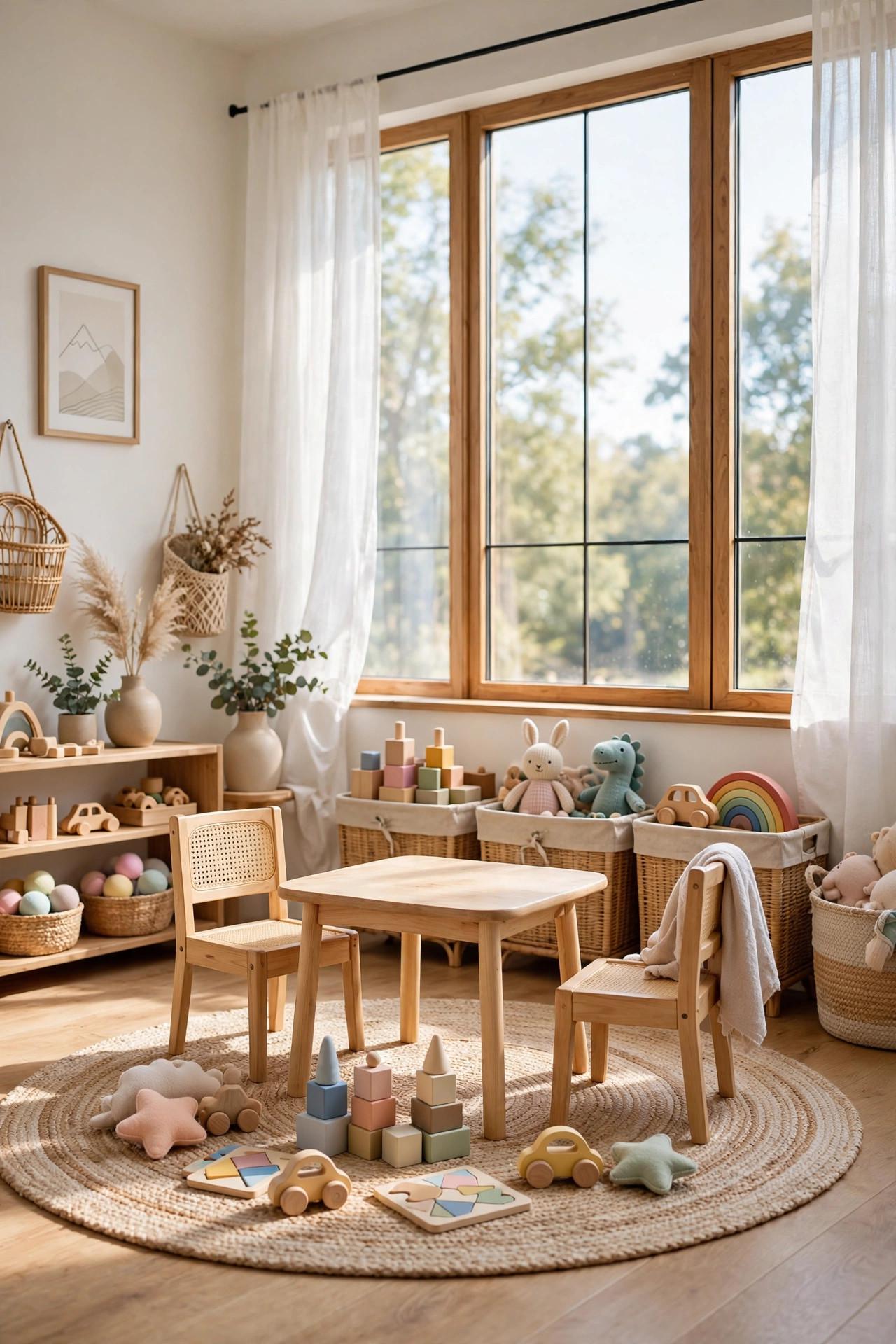 15 Warm White Paint Colors That Work in Every Room 13 Playroom with soft warm white walls, small wooden table, toy baskets, and bright windows