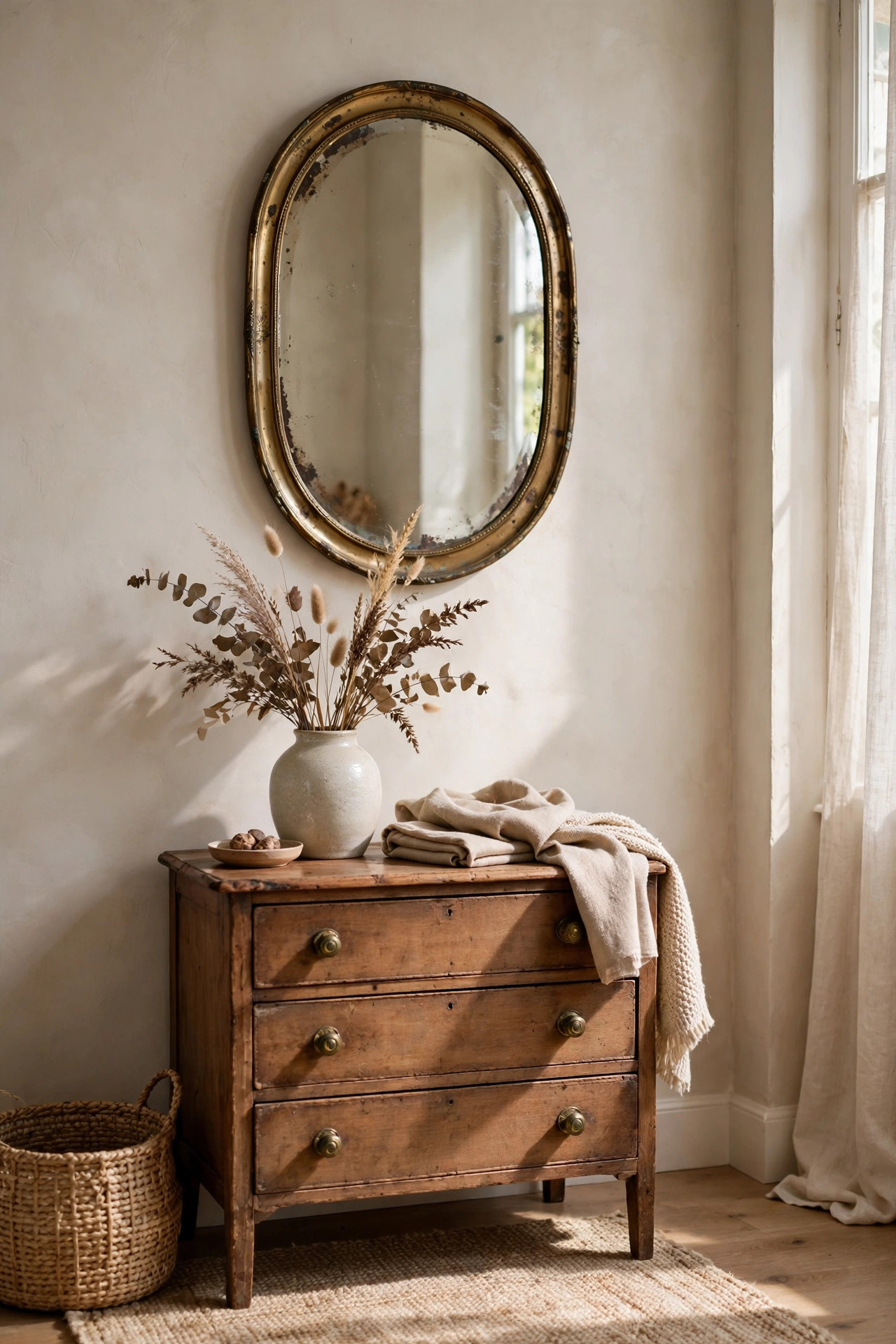 Antique brass mirror over a vintage wooden dresser in a cozy entryway