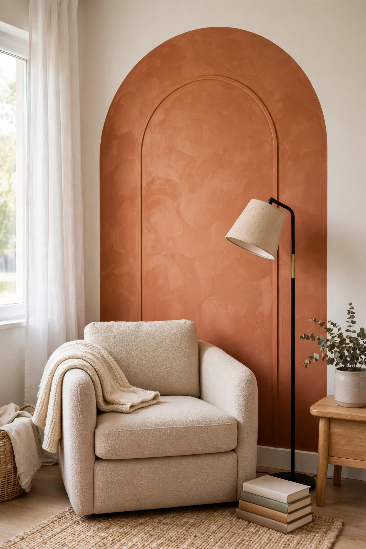 Reading corner with terracotta arched mural peel and stick wallpaper behind an armchair.