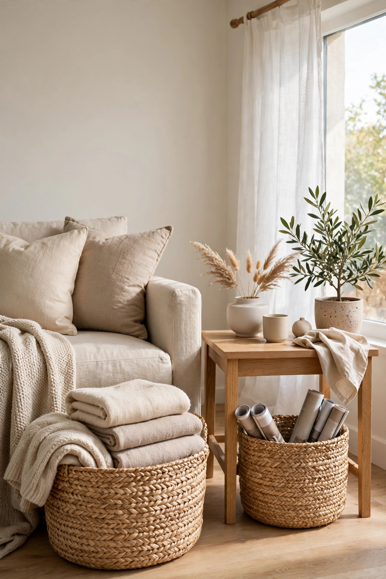 22 Decor Ideas Under $50 That Change Everything 13 Woven seagrass baskets holding throws and magazines in a living room corner