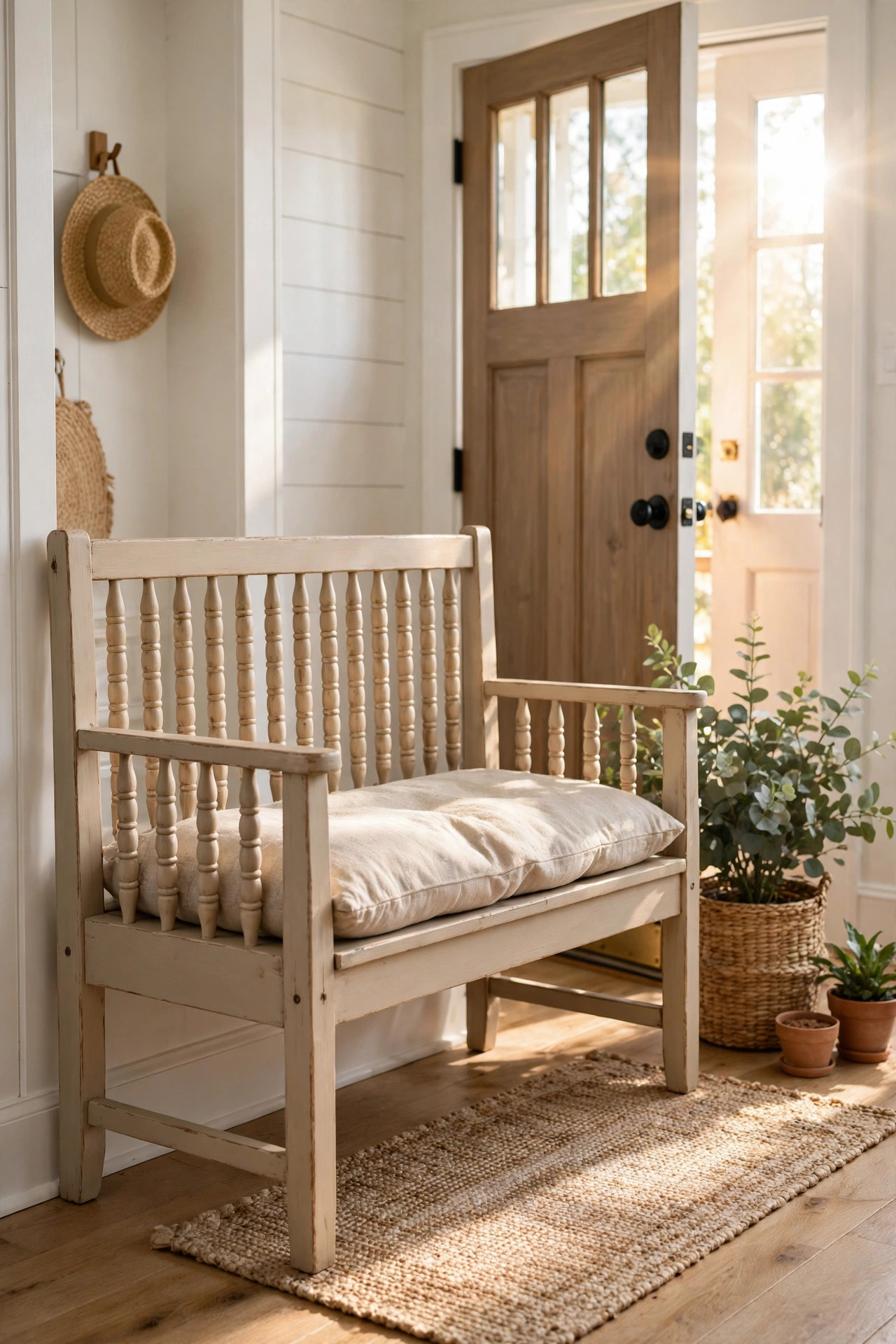 15 Thrift Store Furniture Flips Worth Trying 13 A beige bench built from a repurposed crib rail in a sunny entryway