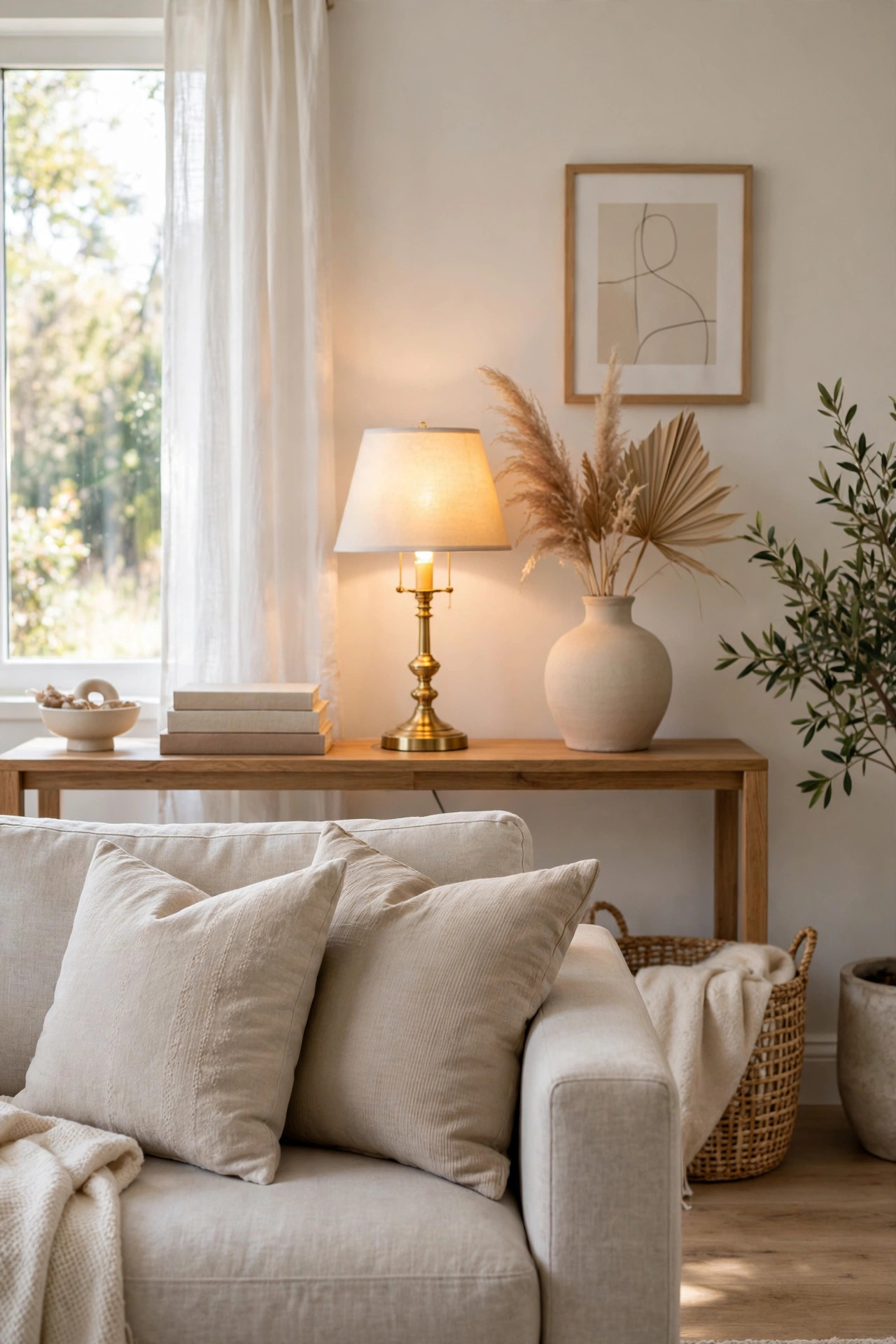 Small brass table lamp with a white shade on a console table behind a sofa
