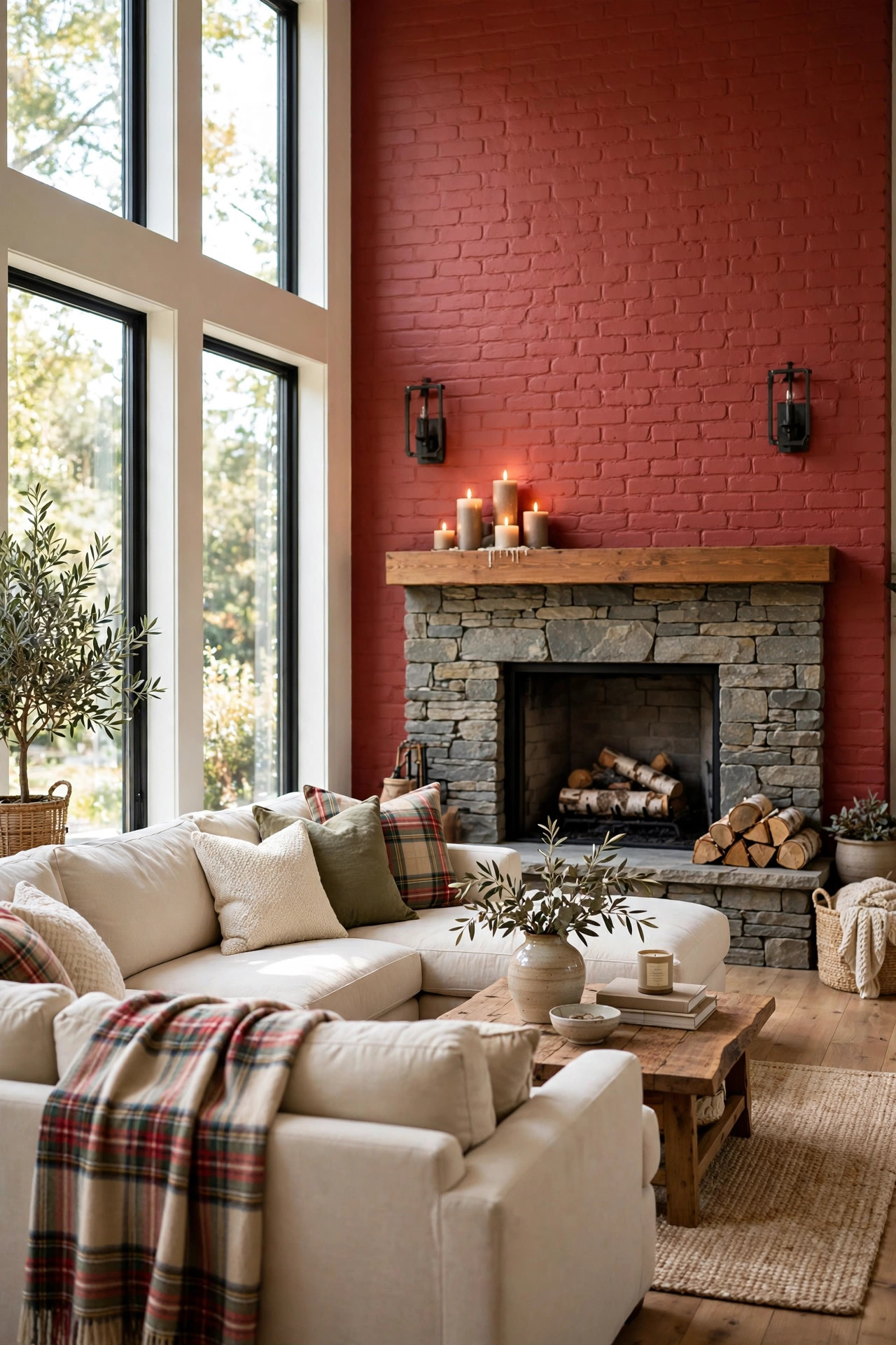 16 Earthy Paint Colors That Make a Home Feel Grounded 13 Family room with a brick red accent wall, a cream sectional, a stone fireplace, and a plaid throw