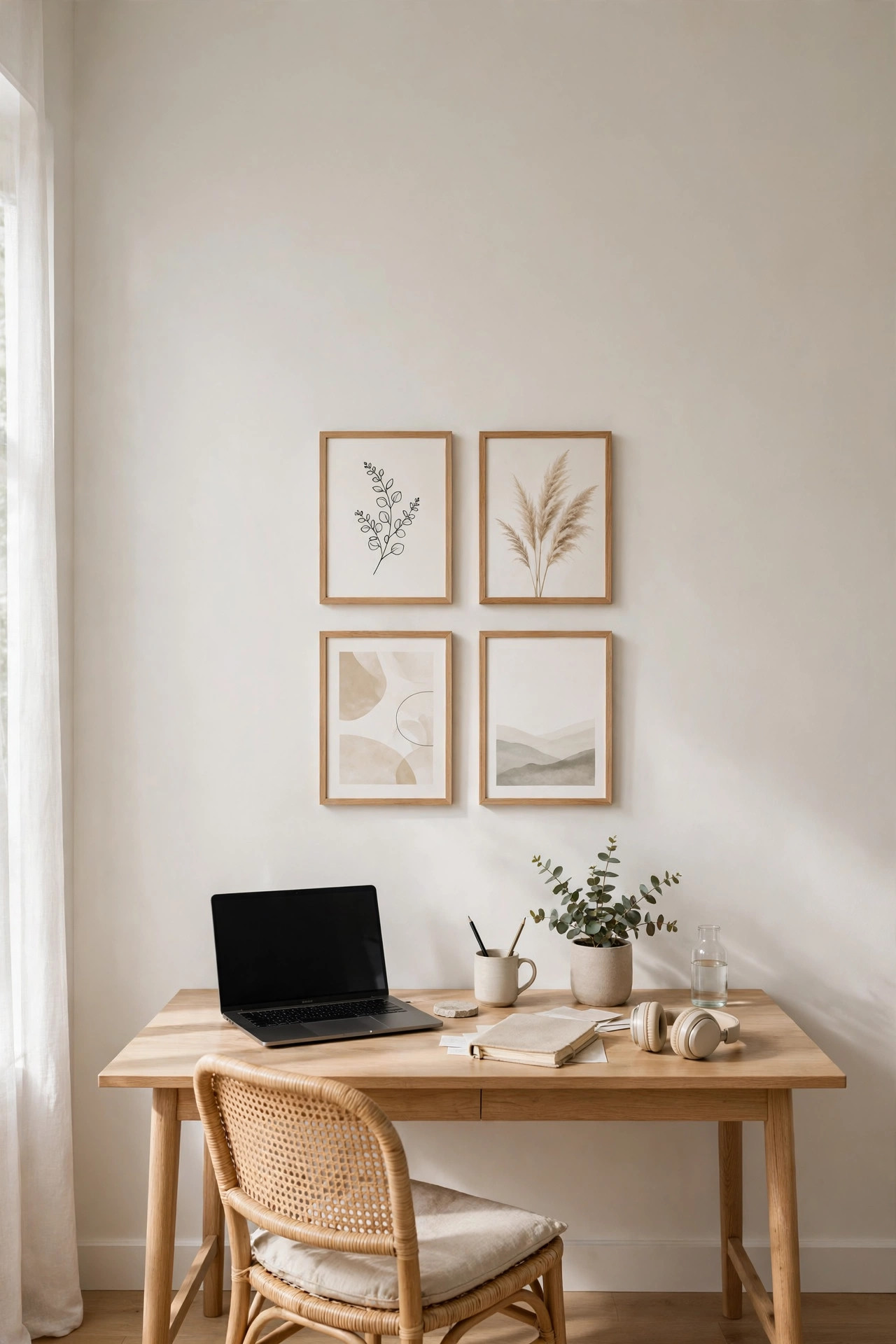 15 Gallery Wall Ideas That Look Curated, Not Cluttered 13 Four framed prints form a small starter gallery on a home office wall with empty space left for future pieces.
