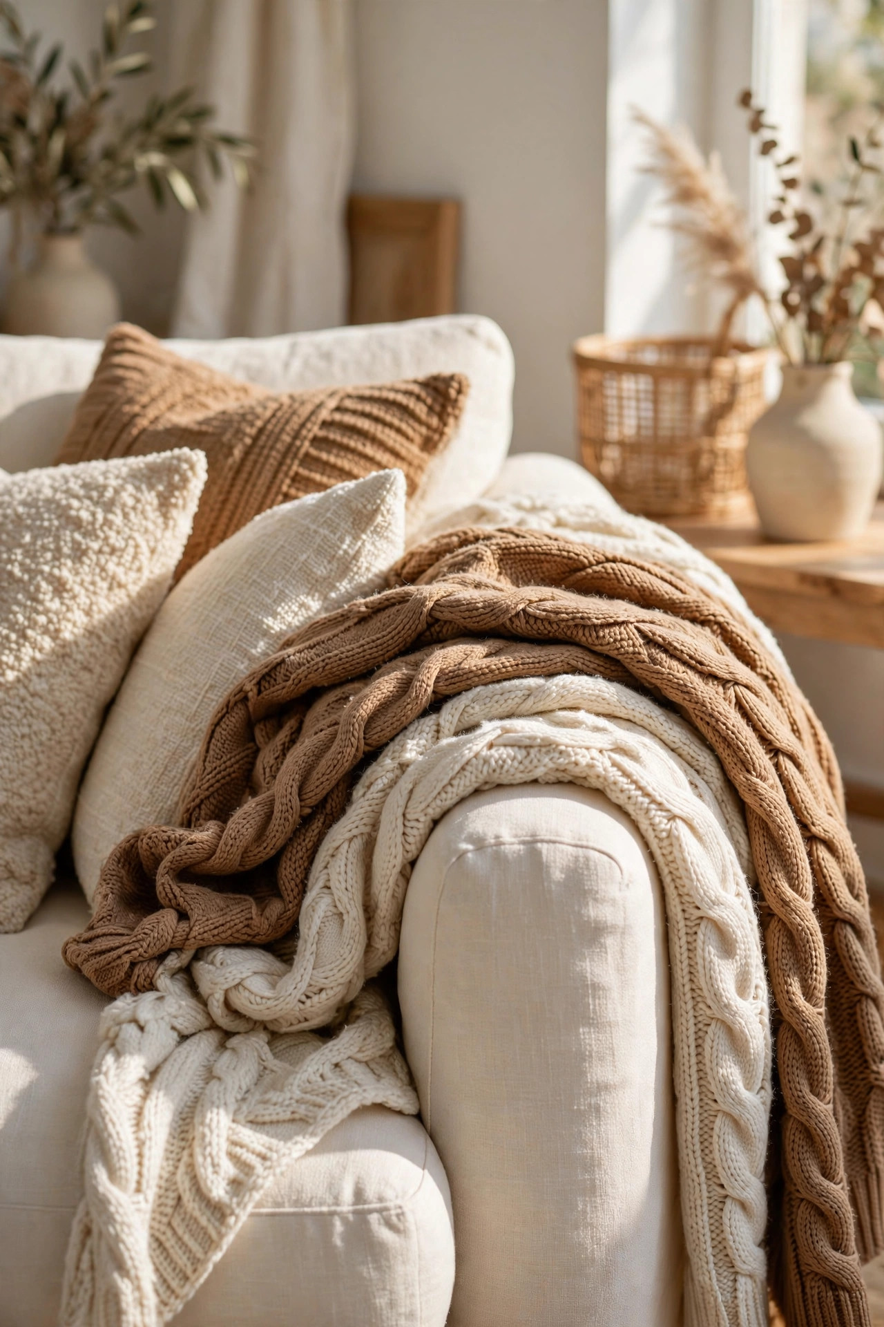 Chunky knit throw blankets in cream and caramel layered on a sofa arm