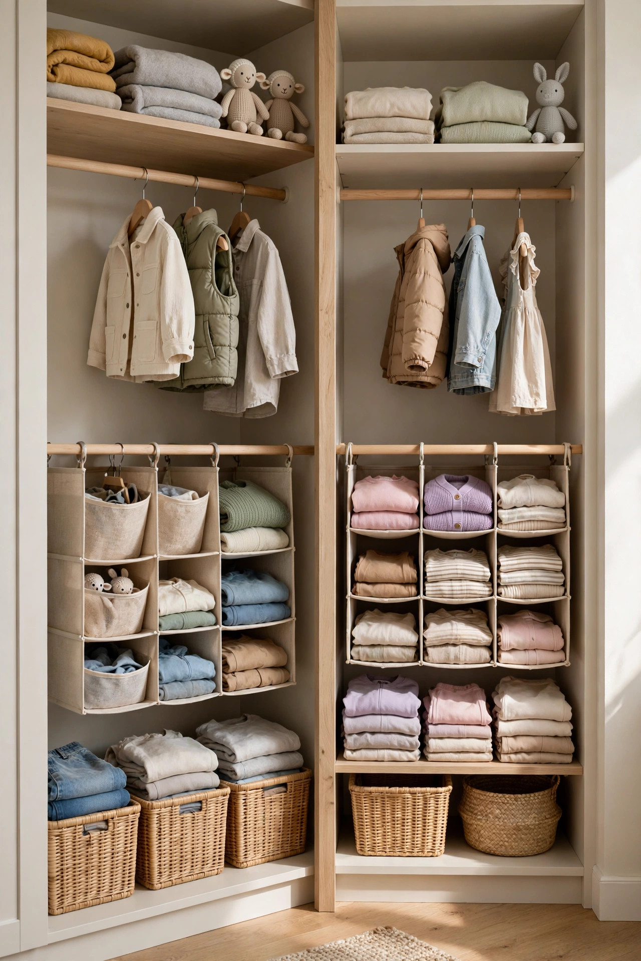 Shared closet split into two labeled zones for two kids.
