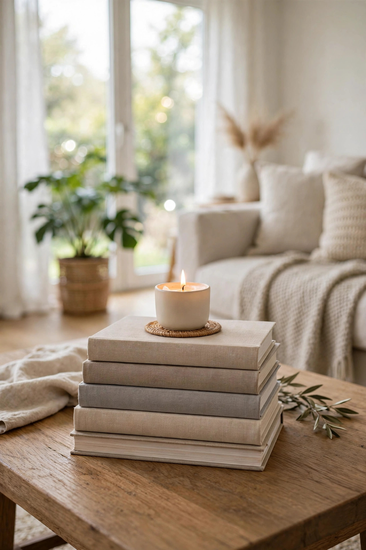 19 Dollar Store Decor Ideas That Look Way More Expensive 13 Stack of neutral-toned hardcover books on a coffee table topped with a small candle