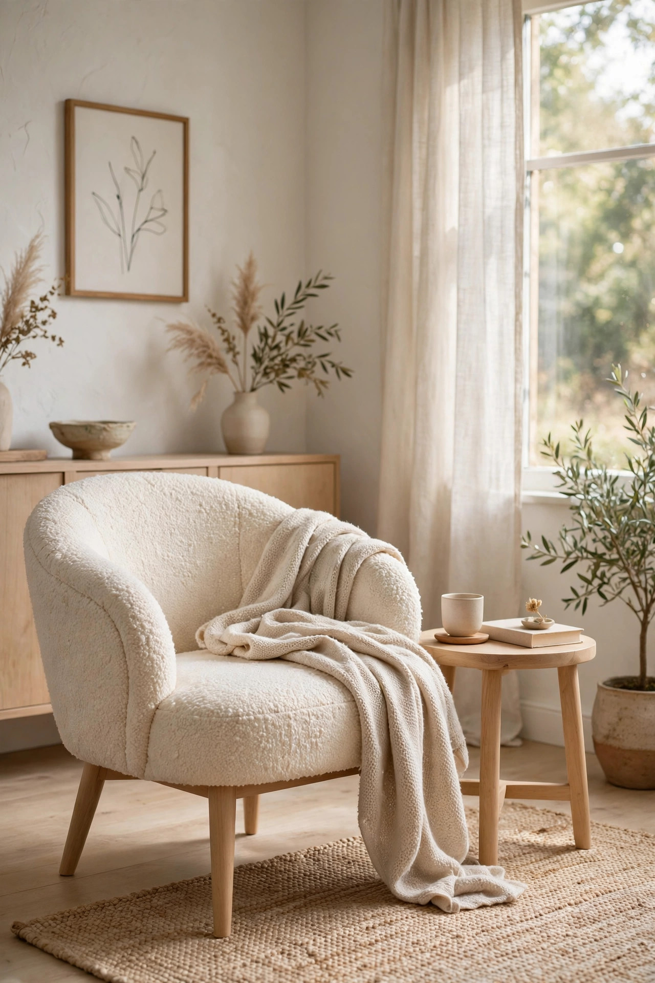 Cream boucle accent chair with curved shape and light wood legs in a Japandi living room