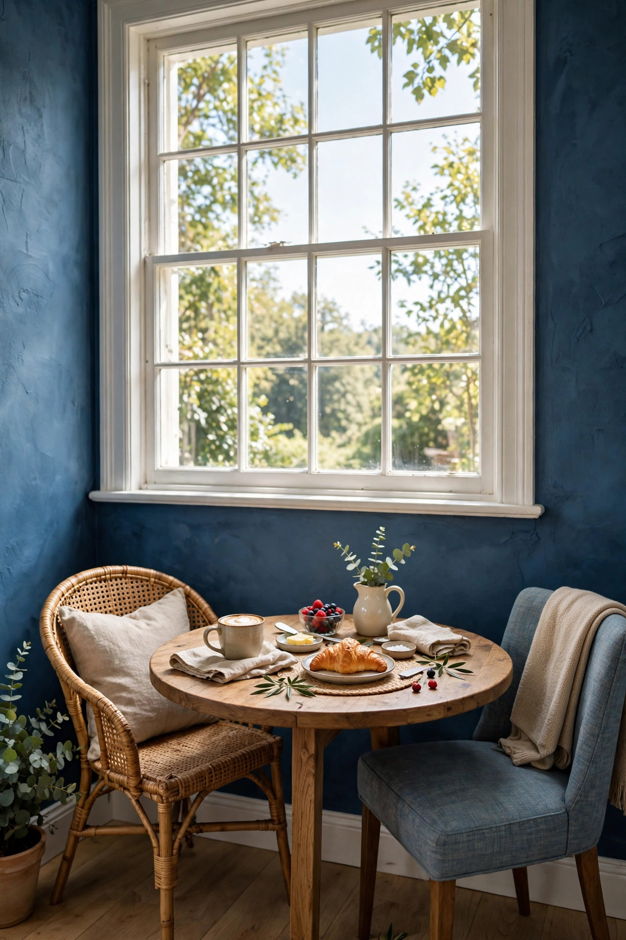 Breakfast nook with blue wall