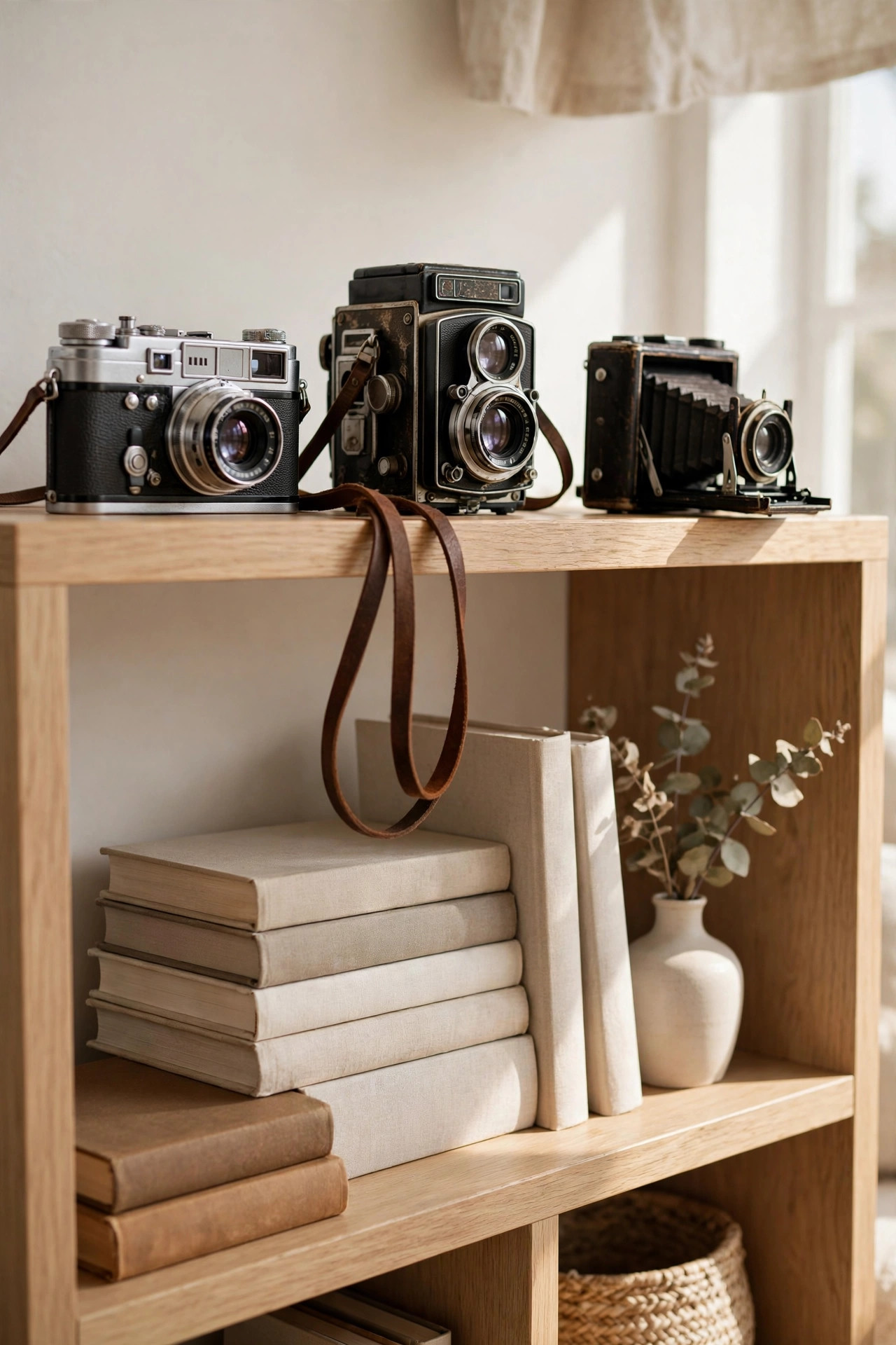 Old film cameras lined up at slight angles along the top of a bookcase