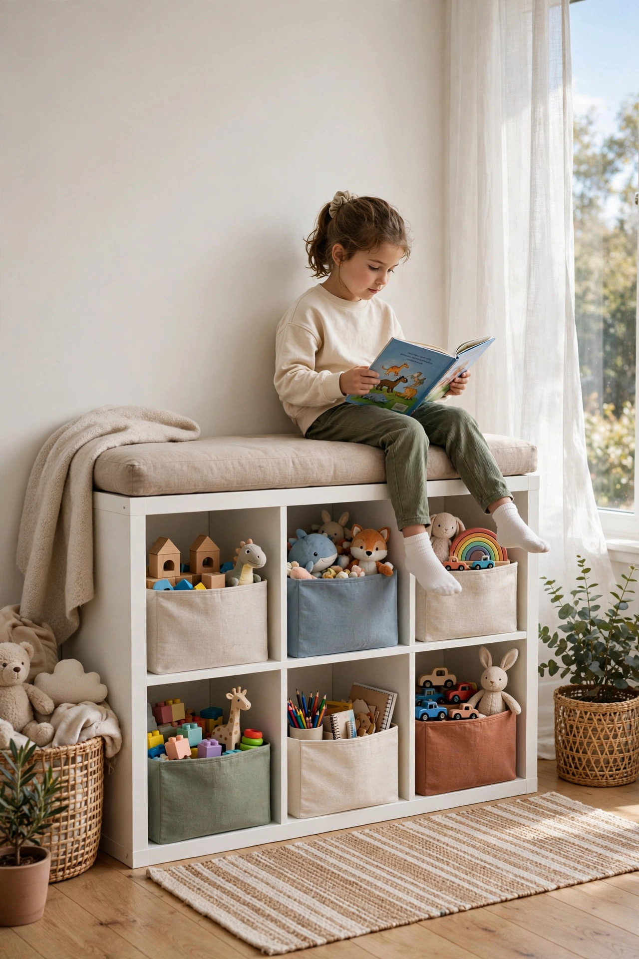 16 Playroom Ideas That Keep the Mess Contained 13 A white cube storage unit with a cushion top used as a bench, fabric bins holding toys inside.