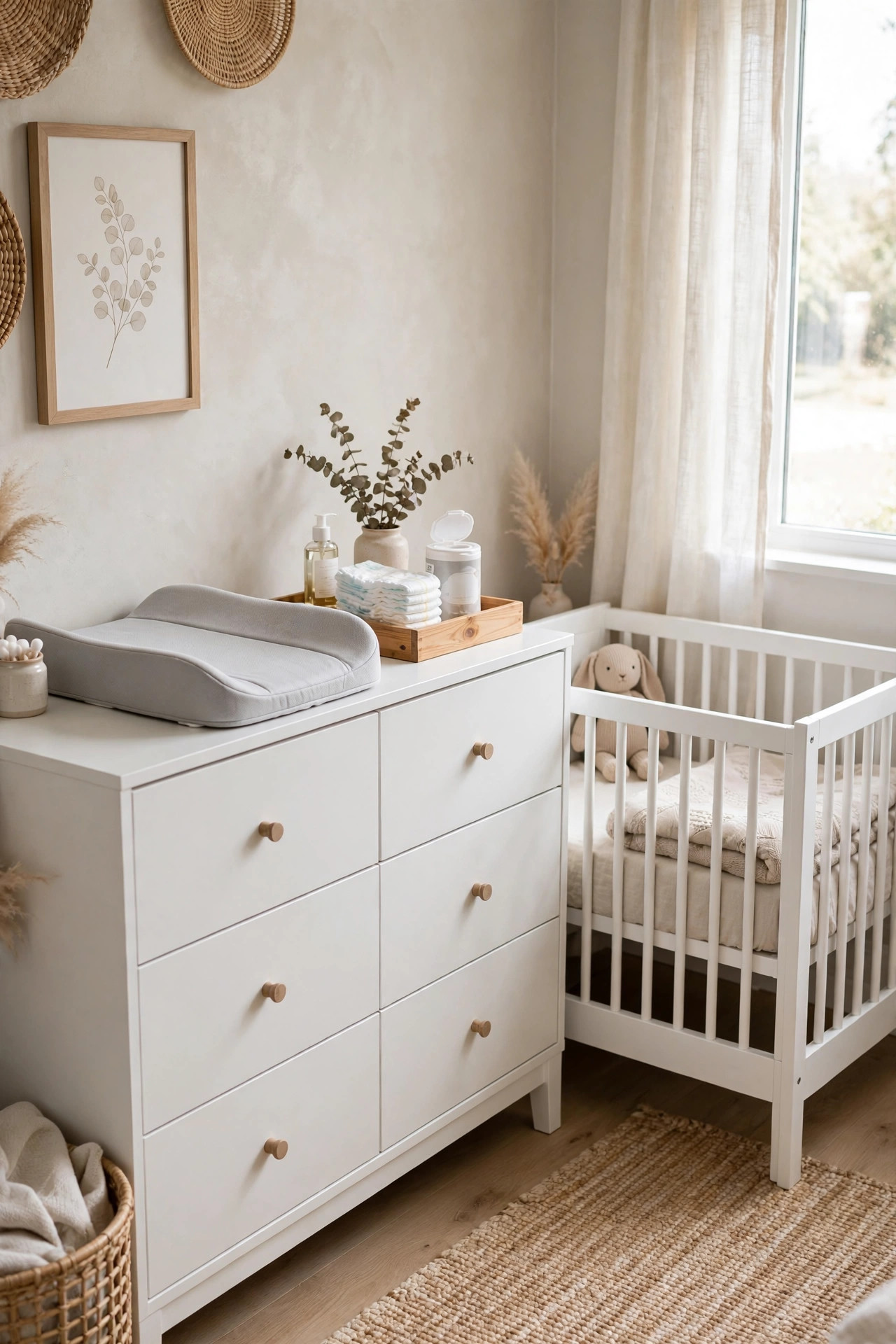 White dresser topped with a contoured changing pad beside a mini crib