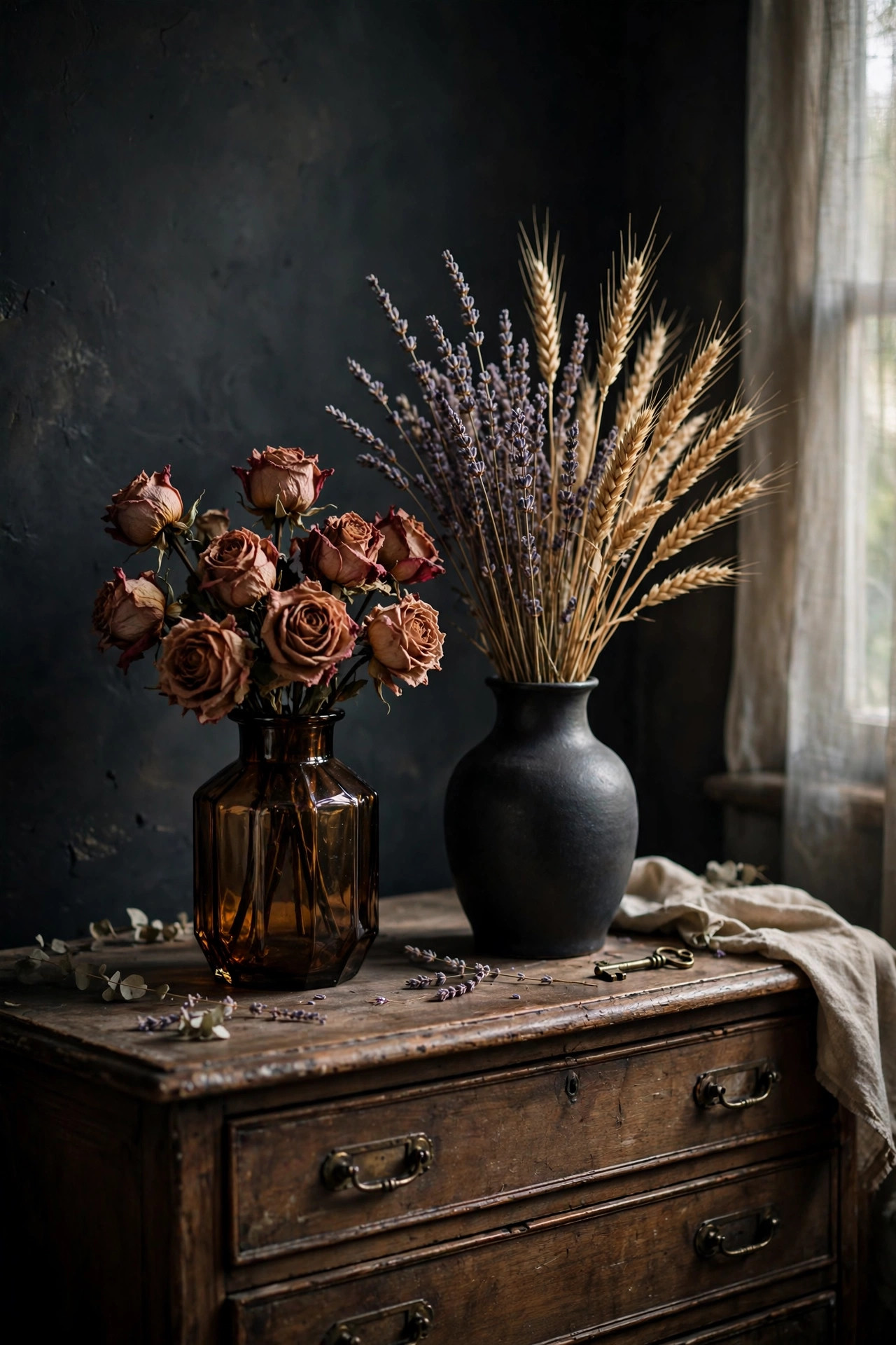 21 Dark Academia Room Decor Ideas That Feel Like an Old Library 13 Dried roses and lavender in dark amber vases on a vintage dresser