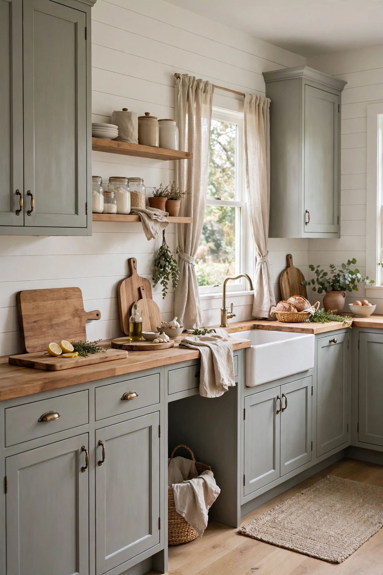 Farmhouse kitchen with soft eucalyptus gray green cabinets and white shiplap walls.