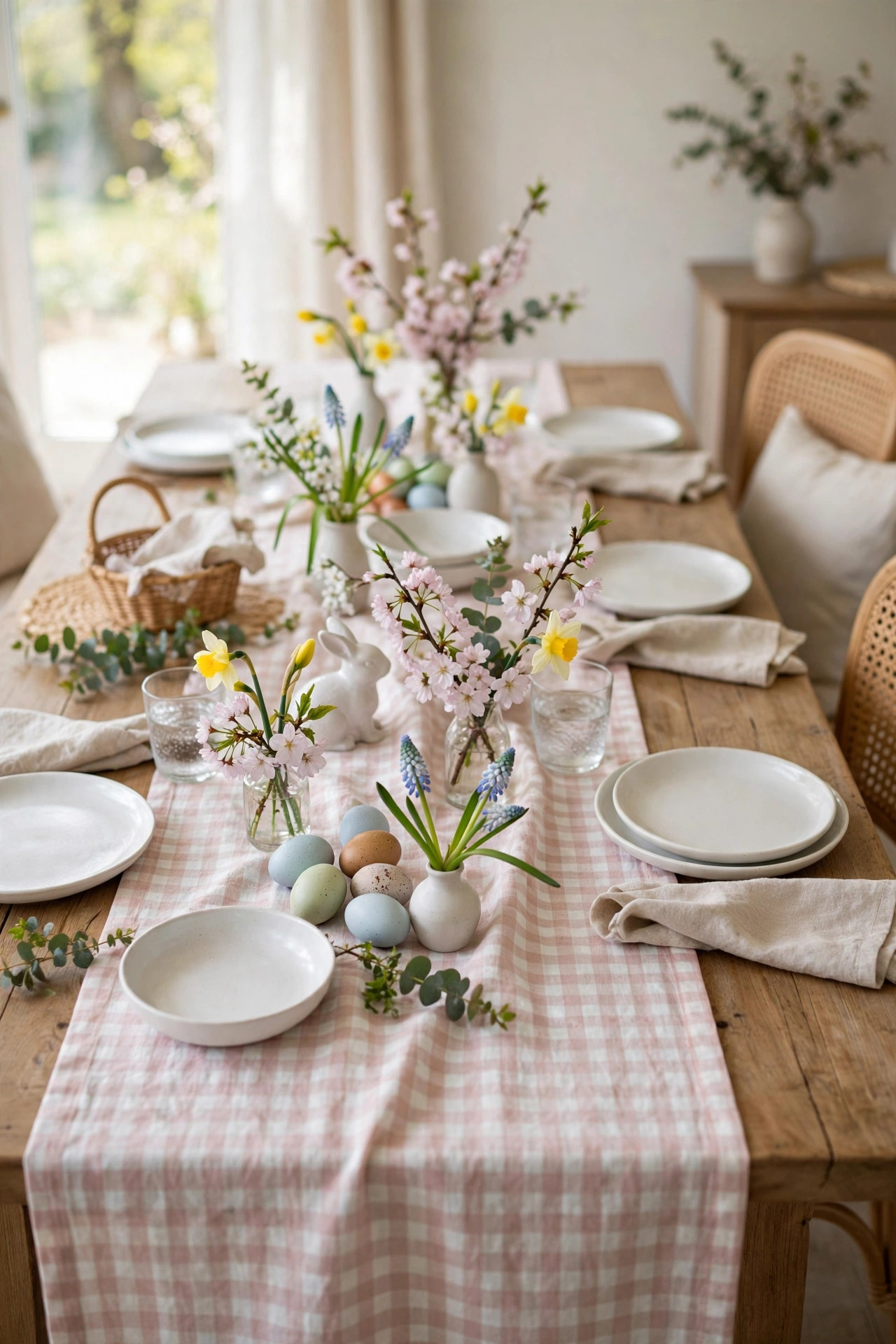 Pale pink gingham runner on a casual Easter table