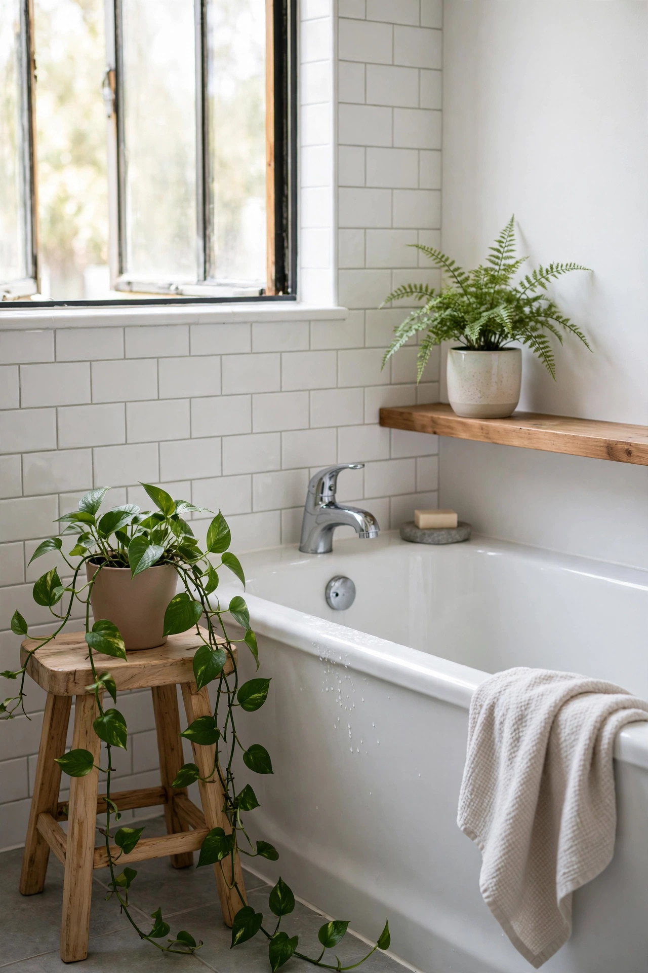 19 Rental Bathroom Ideas That Make It Feel Like Your Own 13 A bright bathroom corner with a trailing pothos plant on a wooden stool and a small fern on a shelf beside the tub.