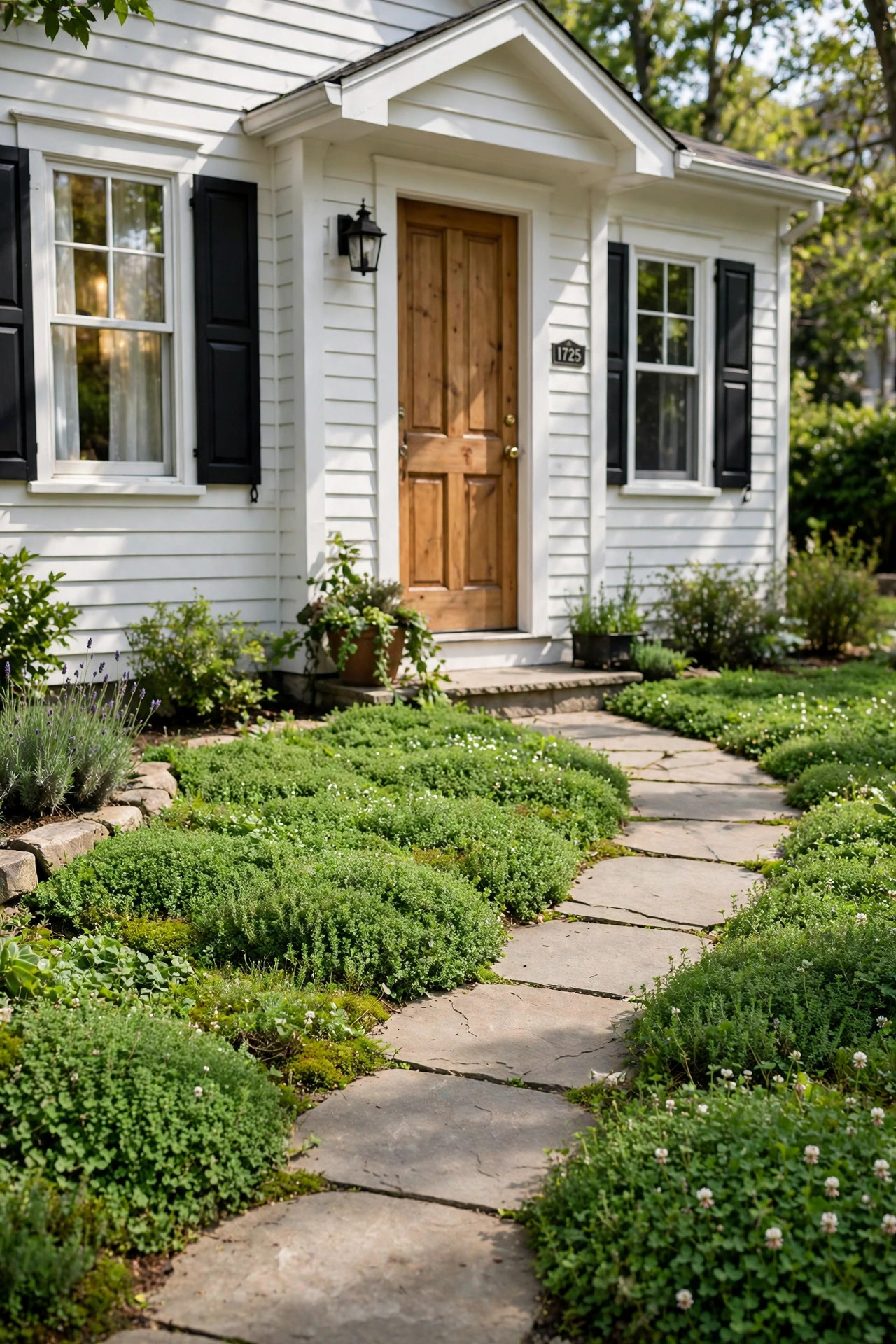 Small Front Yard Landscaping Ideas With Big Impact 13 Low green ground cover plants replacing patchy grass near a walkway.