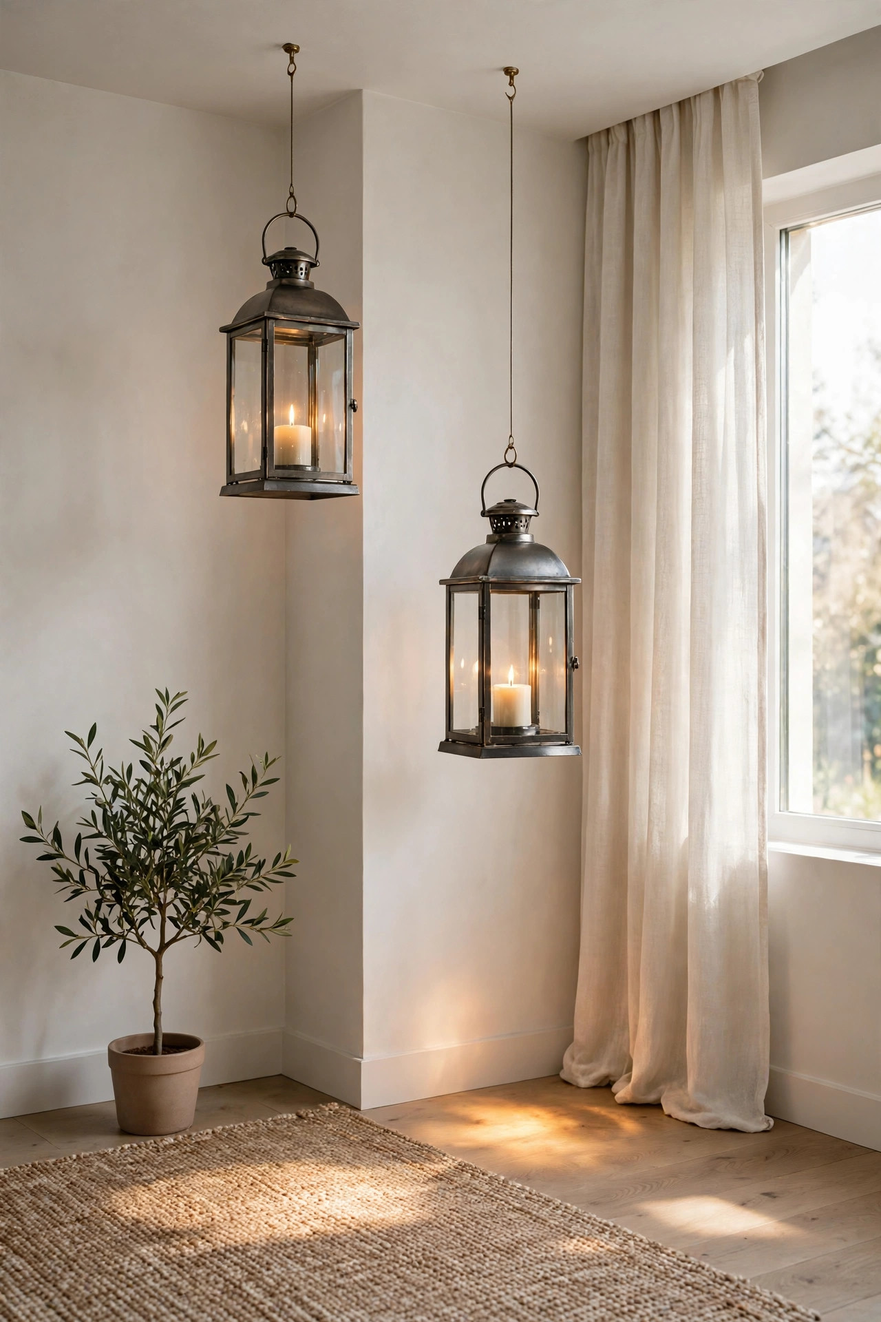 Two lanterns with candles hanging at different heights from ceiling hooks in a corner