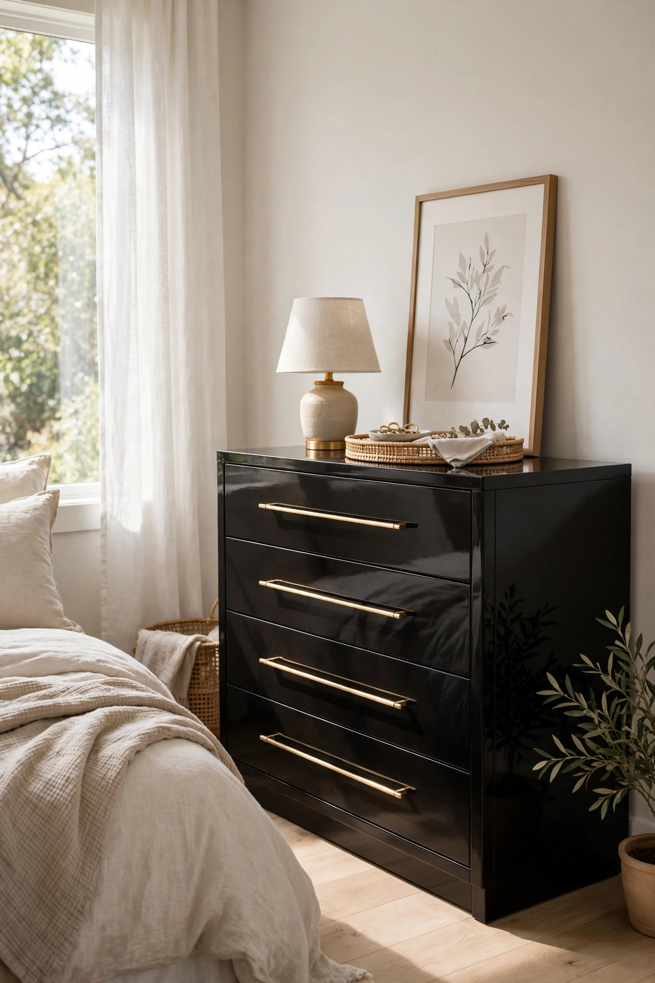 17 Art Deco Bedroom Ideas With a Modern Twist 13 A high gloss black lacquer dresser with brass bar pulls styled with a lamp and framed print.