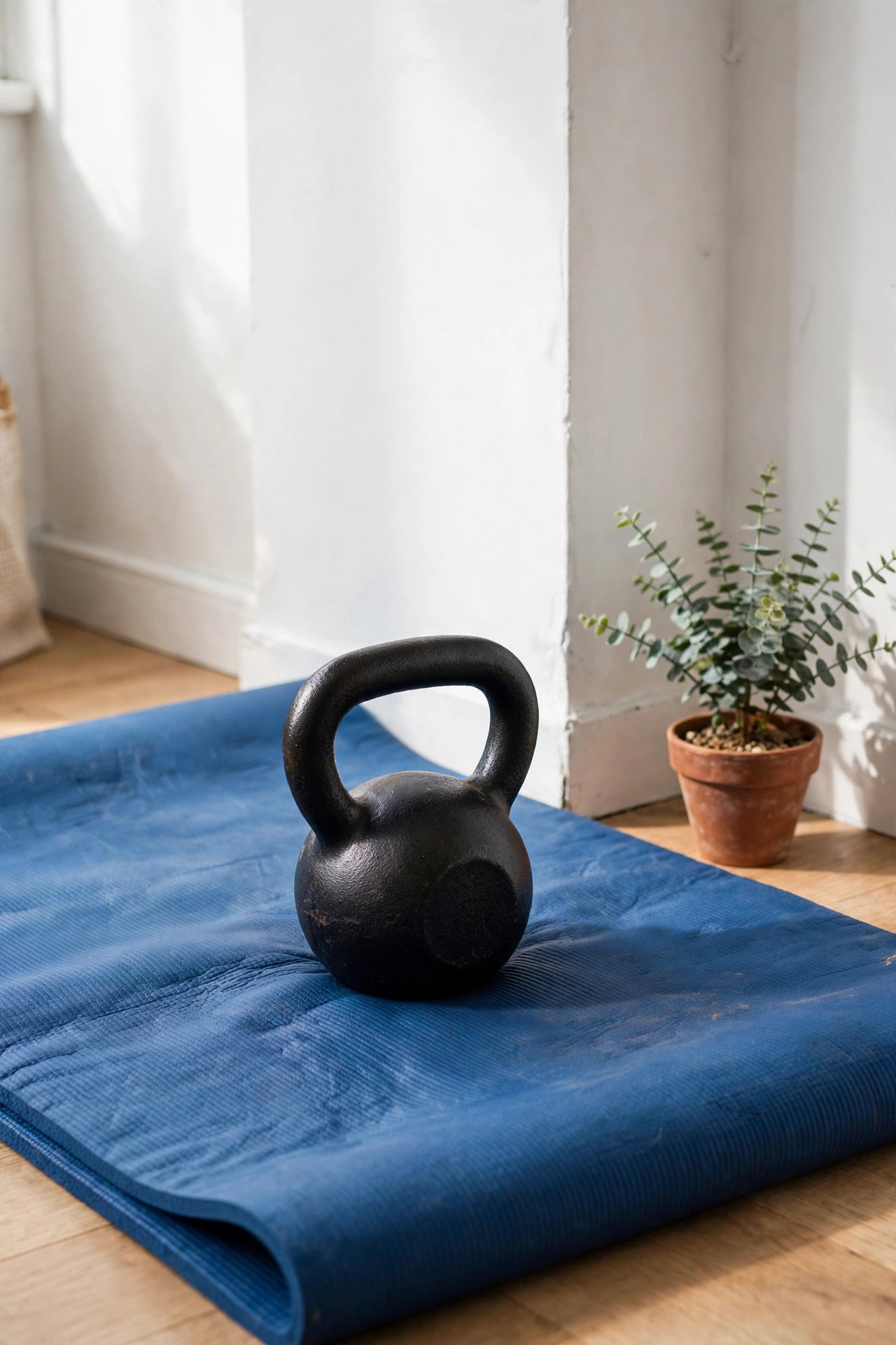 17 Small Home Gym Ideas That Fit in Any Corner 13 Black kettlebell on a blue exercise mat in a small apartment corner