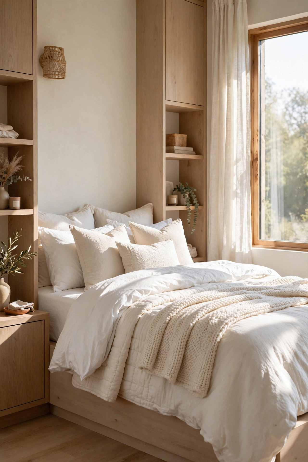 Cozy Winter Home Decor Ideas for After the Holidays 13 Inviting bed with layered white and cream bedding, a quilt, and a folded throw across the foot