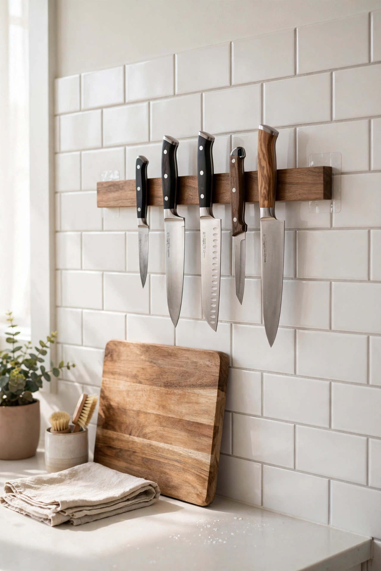 18 Renter-Friendly Kitchen Upgrades That Need Zero Permission 13 Wooden magnetic knife bar holding knives on a kitchen wall