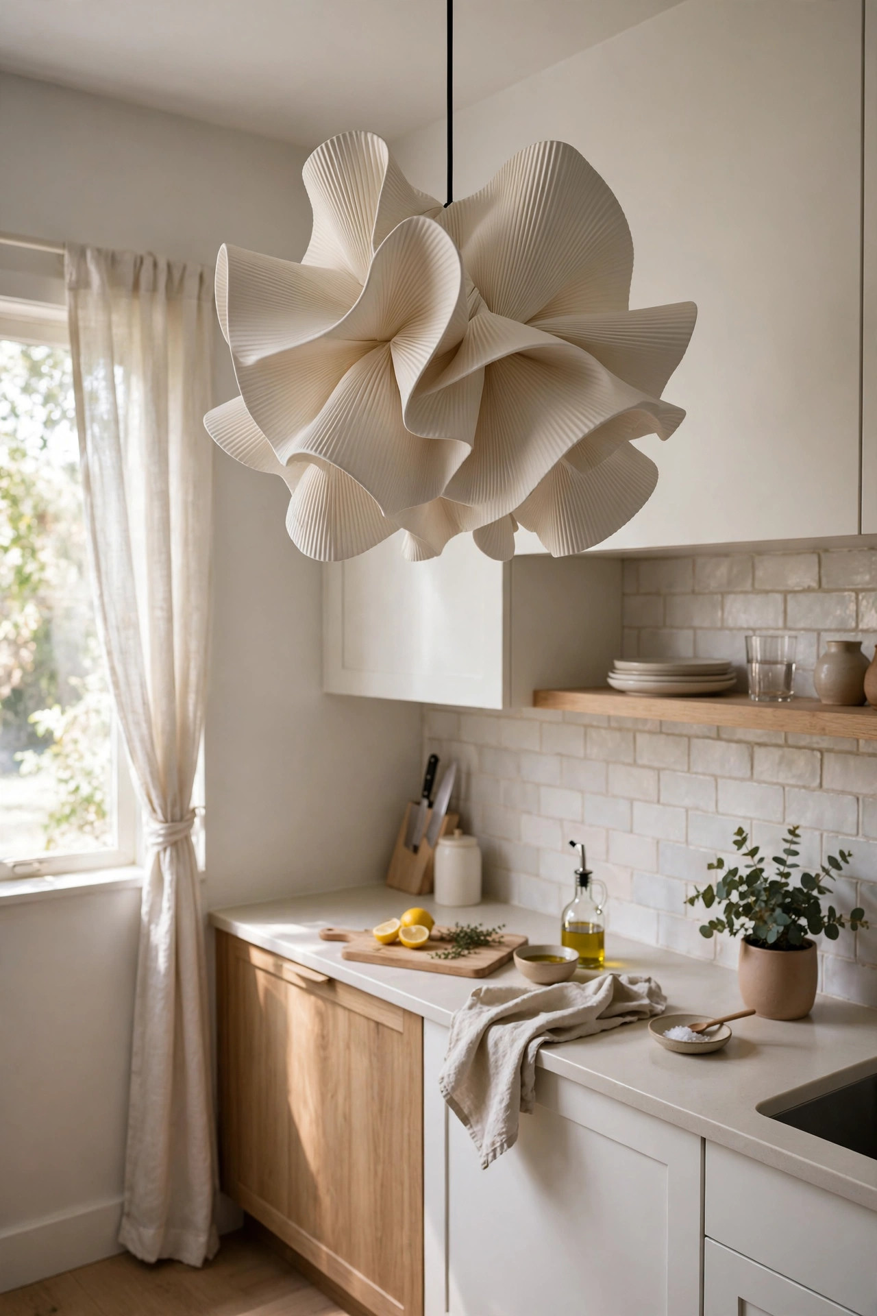 A single bold statement pendant light hanging over a small kitchen work area.