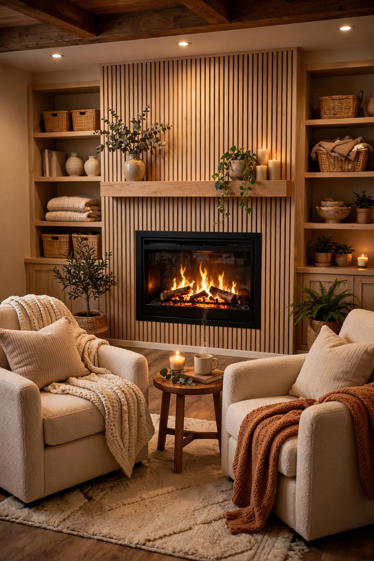 A modern electric fireplace with a realistic flame glowing in a cozy basement family room seating area.