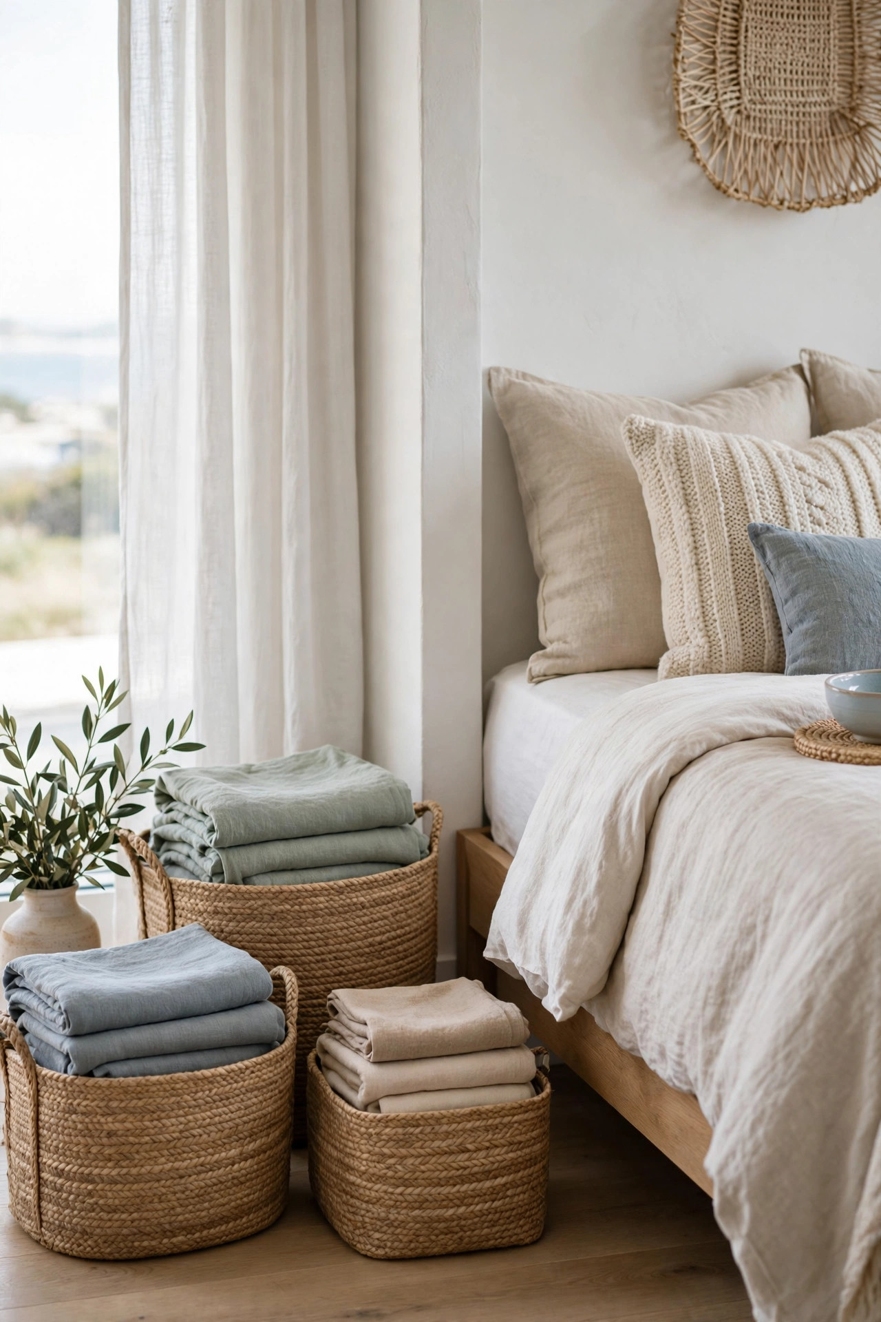 18 Coastal Bedroom Ideas Without the Cliches 13 Raw jute storage baskets holding folded blankets beside a bed